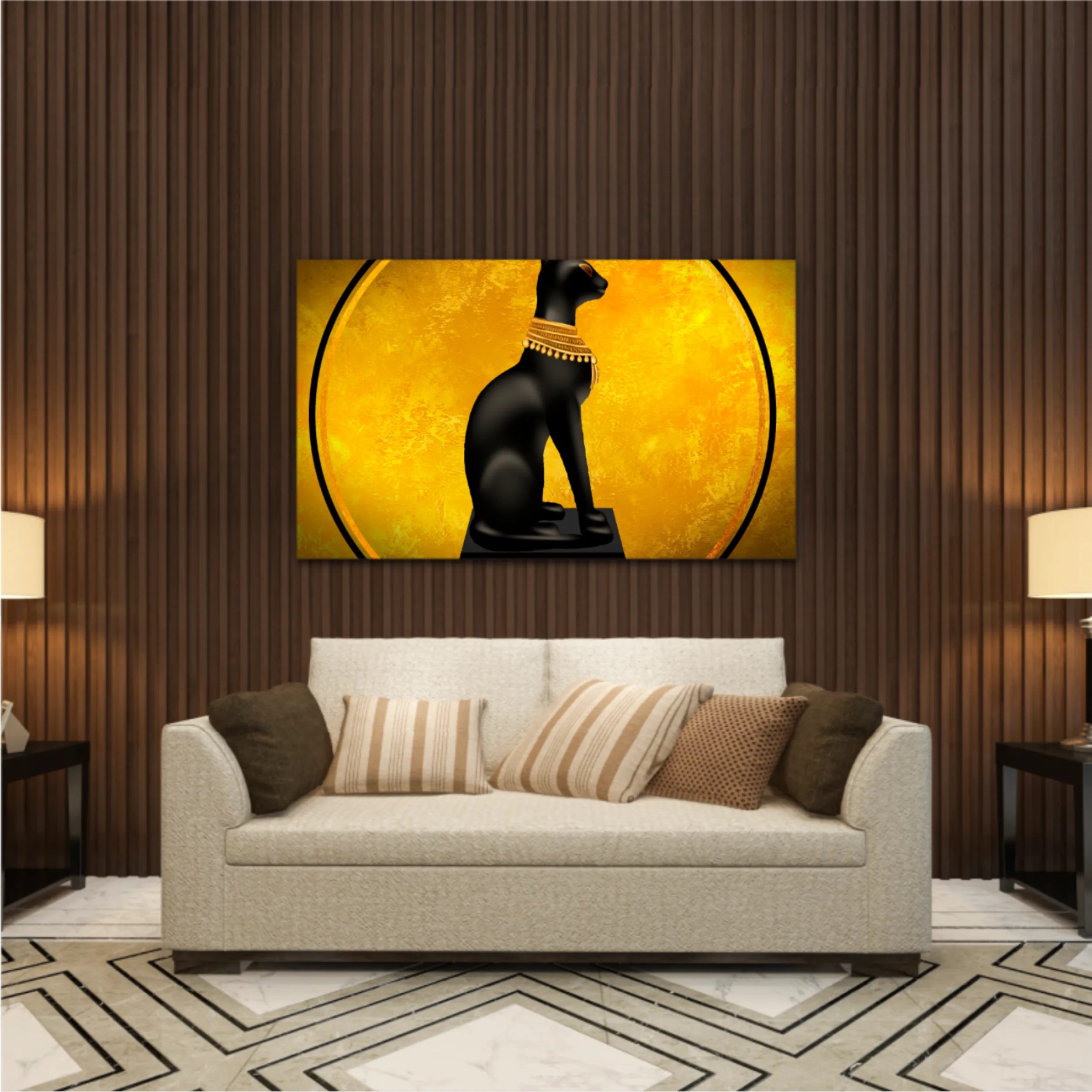 Egyptian asbstract background, goddess of Egypt Bastet, abstract golden background