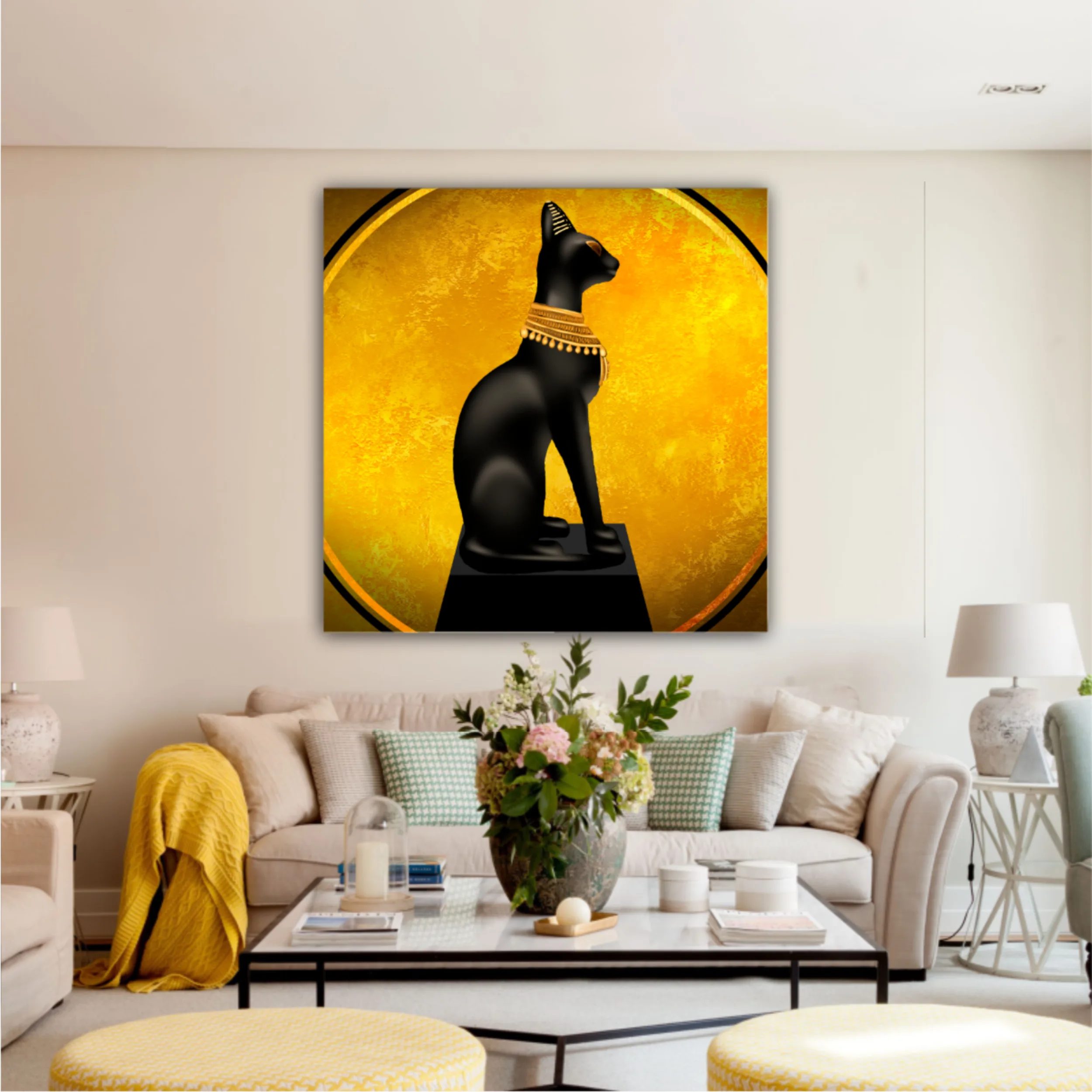 Egyptian asbstract background, goddess of Egypt Bastet, abstract golden background