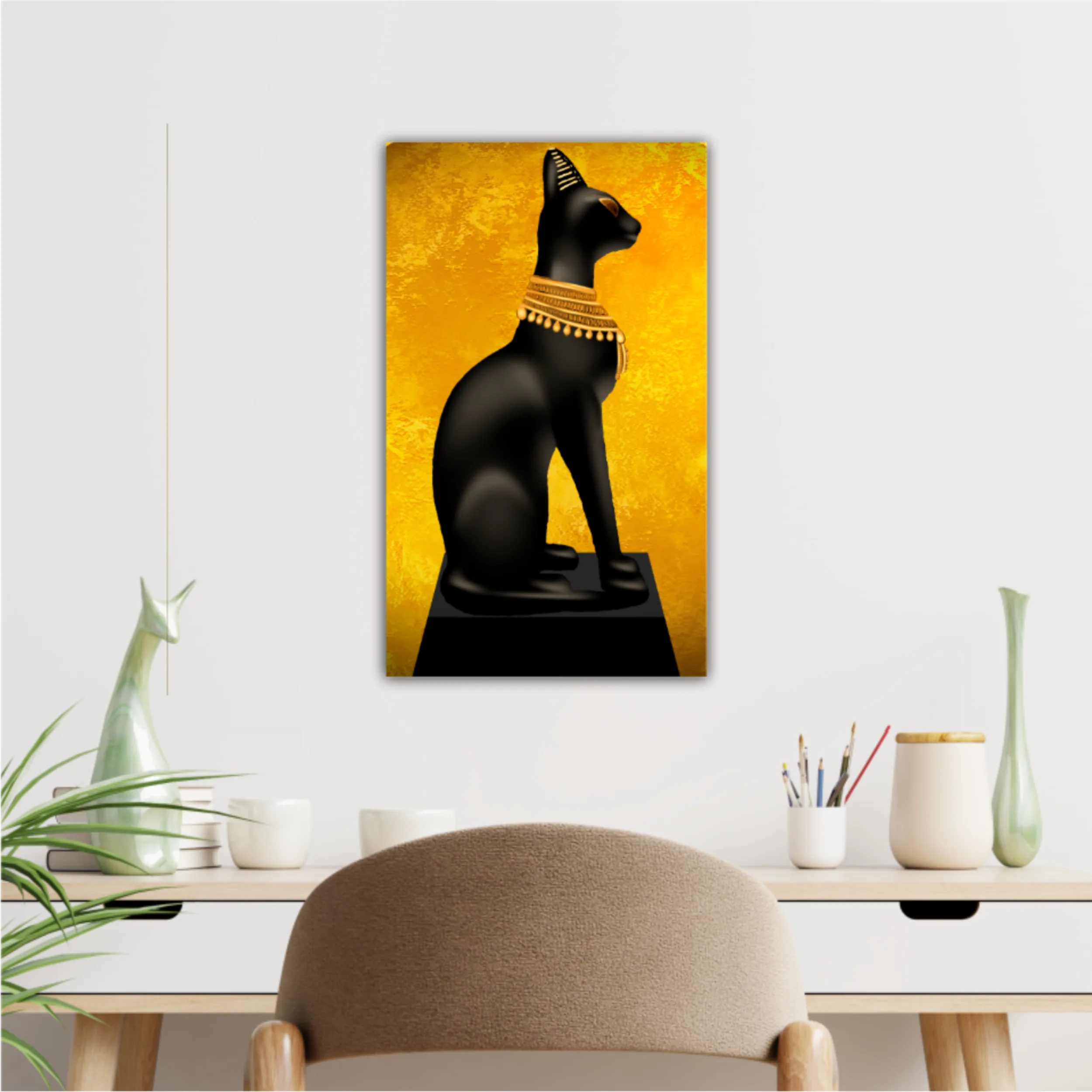 Egyptian asbstract background, goddess of Egypt Bastet, abstract golden background