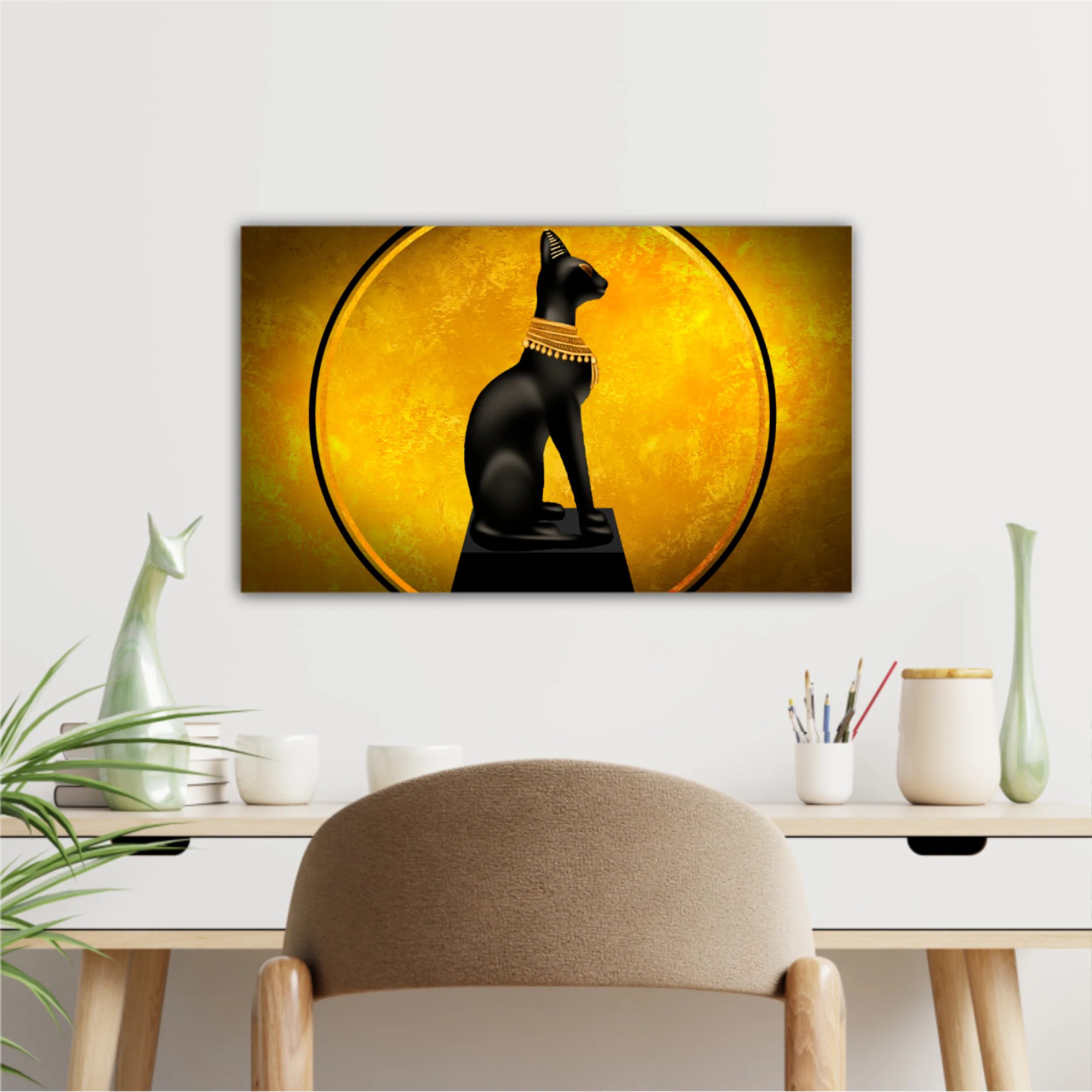 Egyptian asbstract background, goddess of Egypt Bastet, abstract golden background