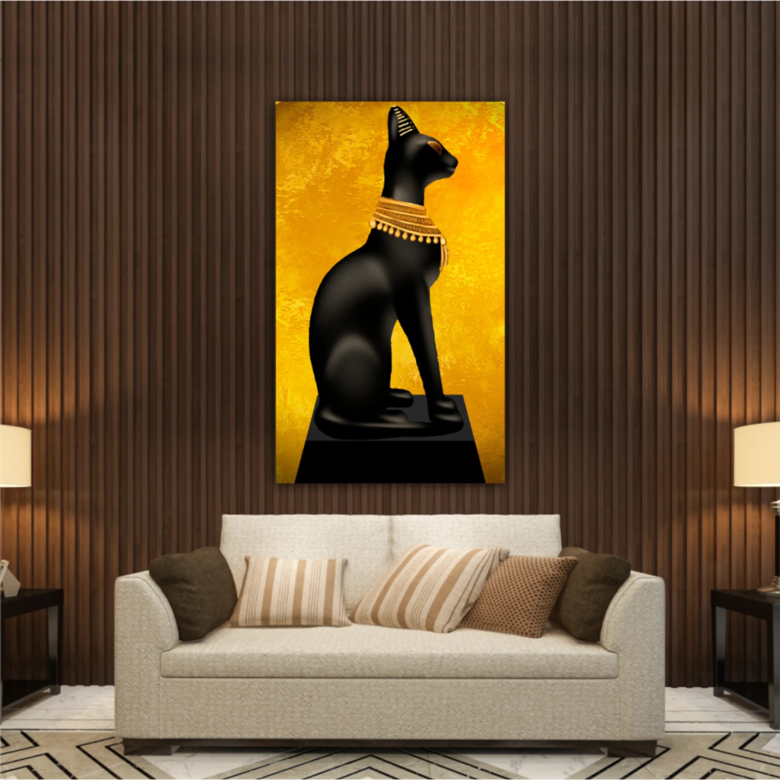 Egyptian asbstract background, goddess of Egypt Bastet, abstract golden background