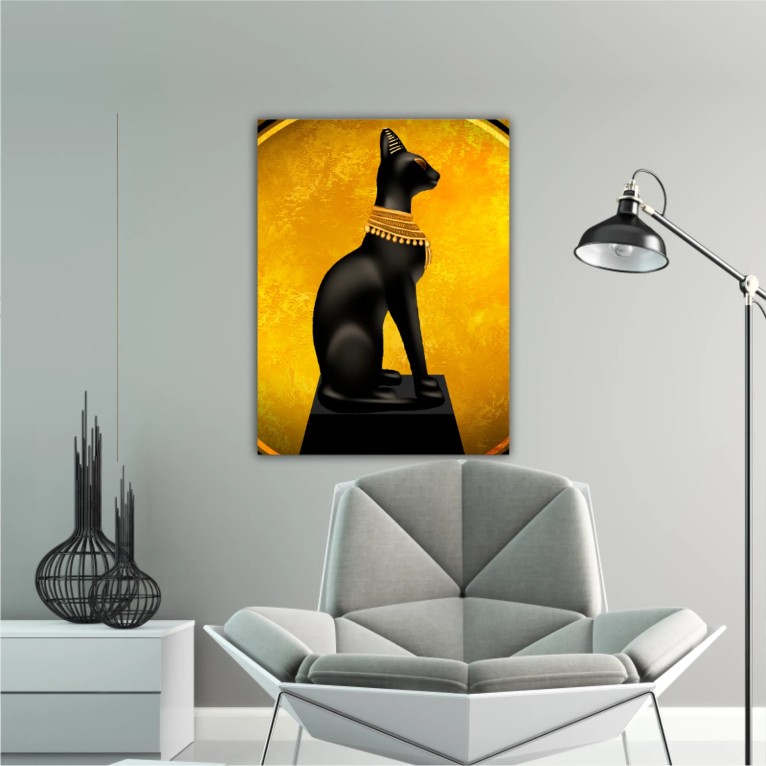 Egyptian asbstract background, goddess of Egypt Bastet, abstract golden background