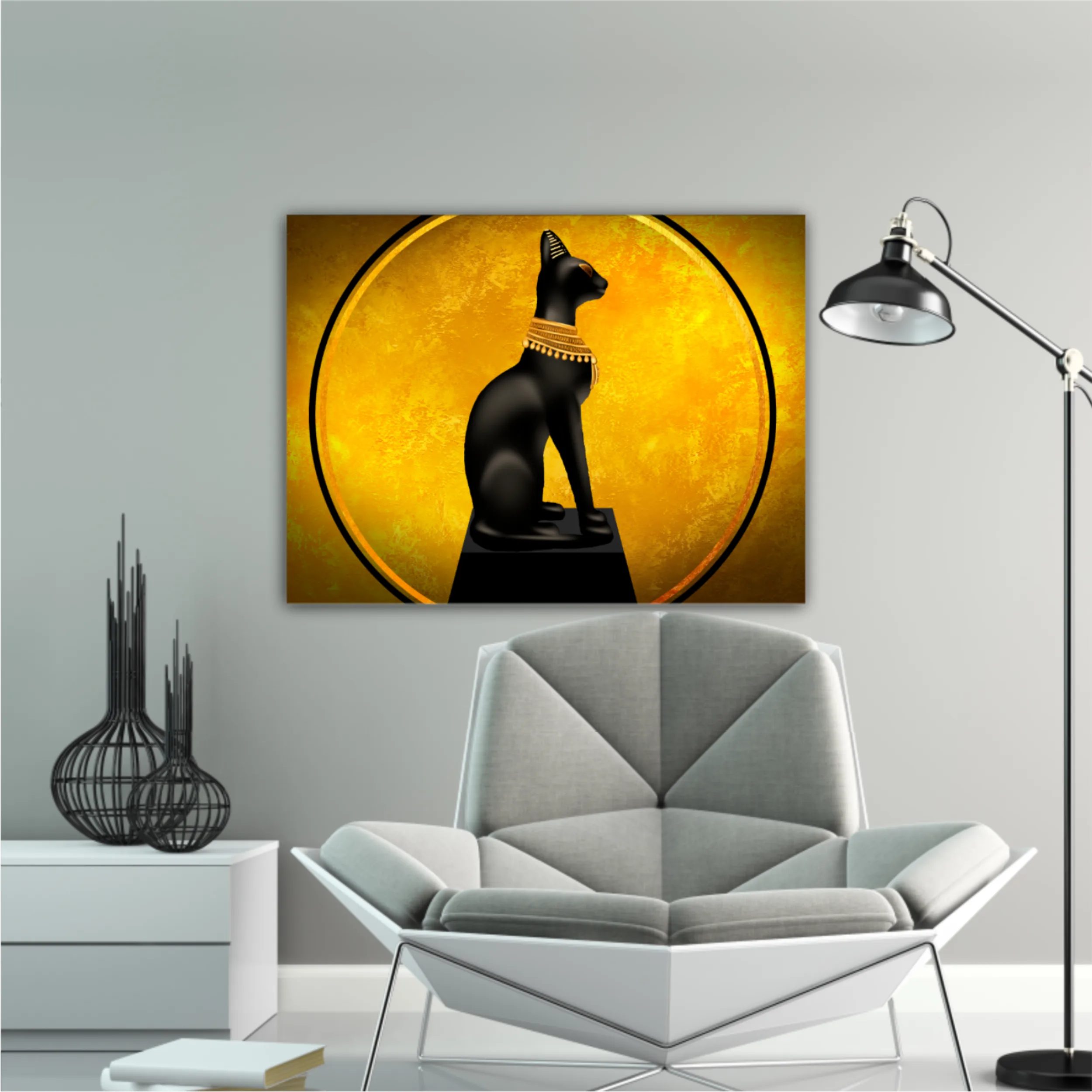 Egyptian asbstract background, goddess of Egypt Bastet, abstract golden background