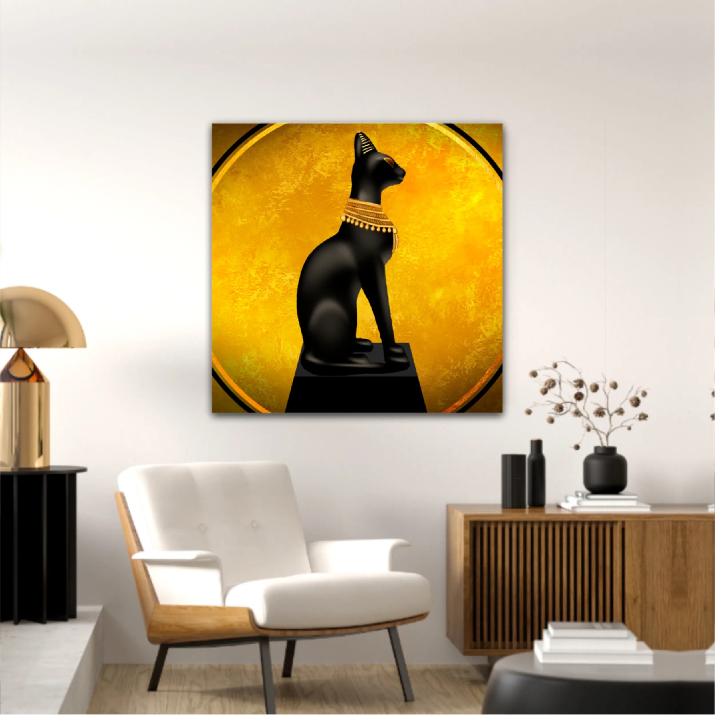 Egyptian asbstract background, goddess of Egypt Bastet, abstract golden background