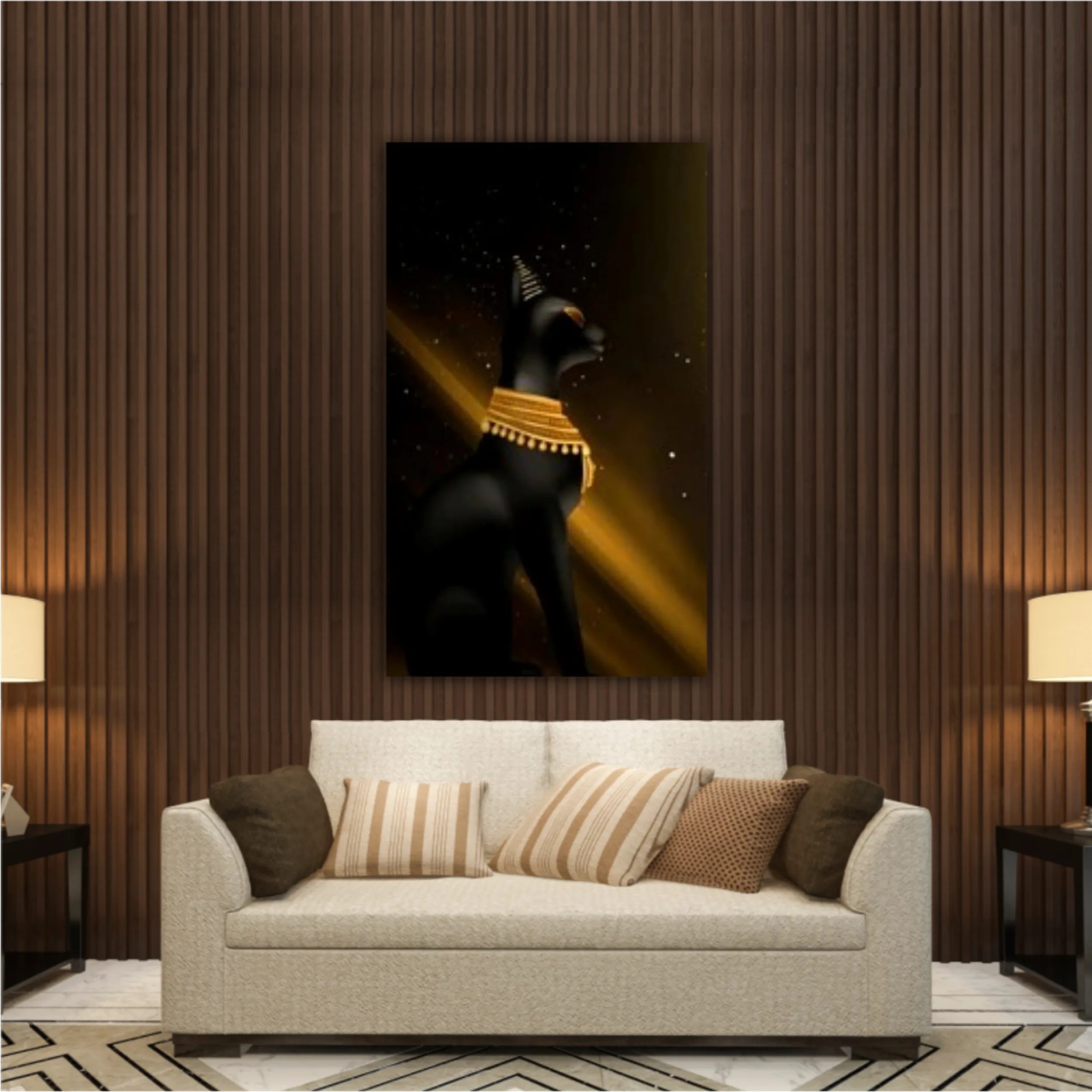 Egyptian asbstract background, goddess of Egypt Bastet and Cleopatra, pyramids, abstract dark background