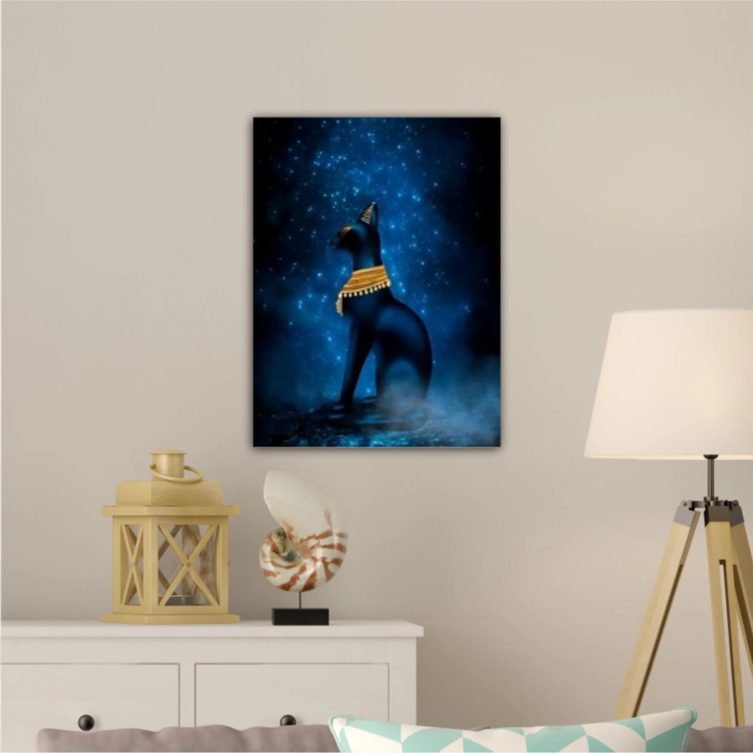 Dark night magic scene. Egyptian goddess Bastet, a statuette of a black Egyptian cat on a background of an old cobblestone road. Blue neon, moonlight at night