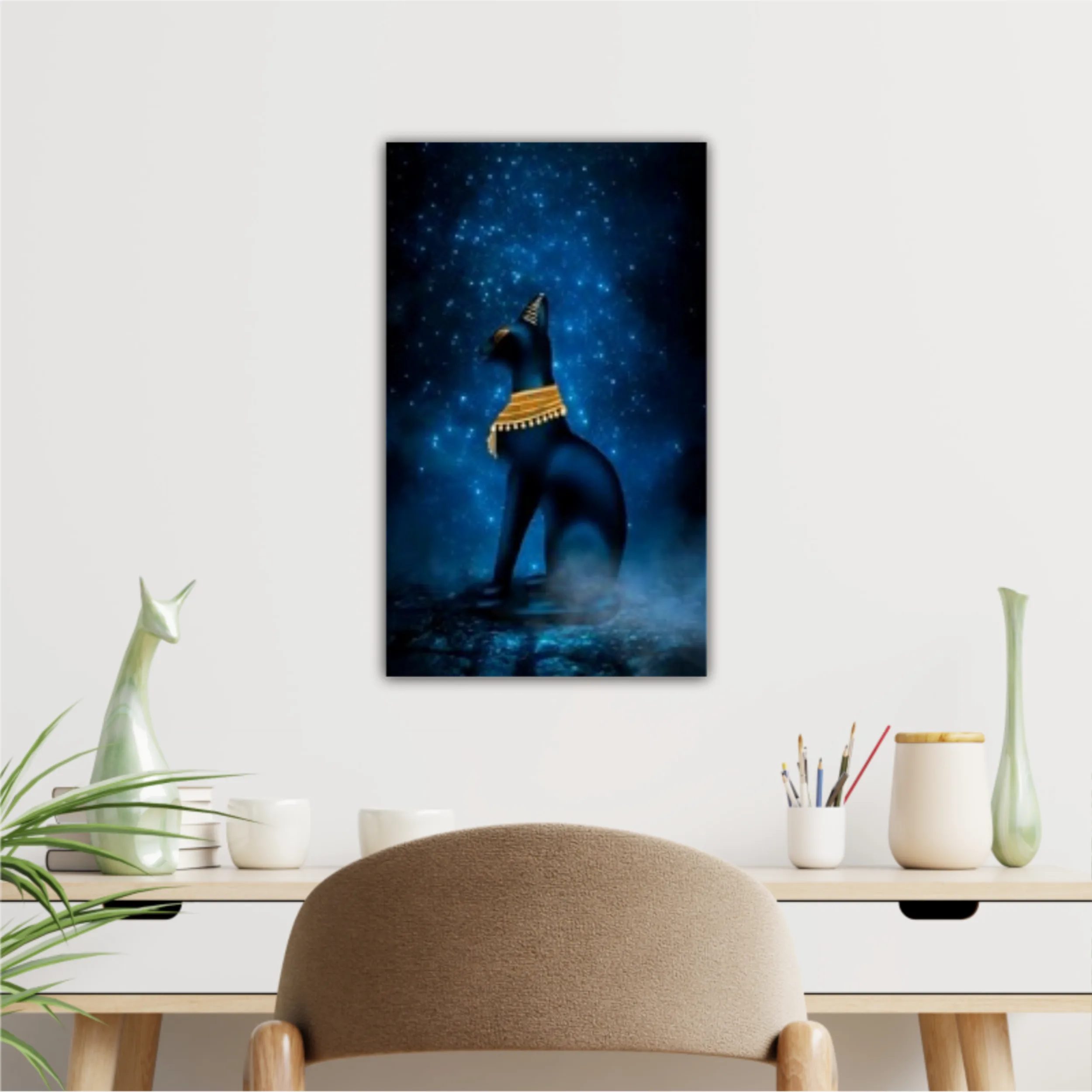 Dark night magic scene. Egyptian goddess Bastet, a statuette of a black Egyptian cat on a background of an old cobblestone road. Blue neon, moonlight at night