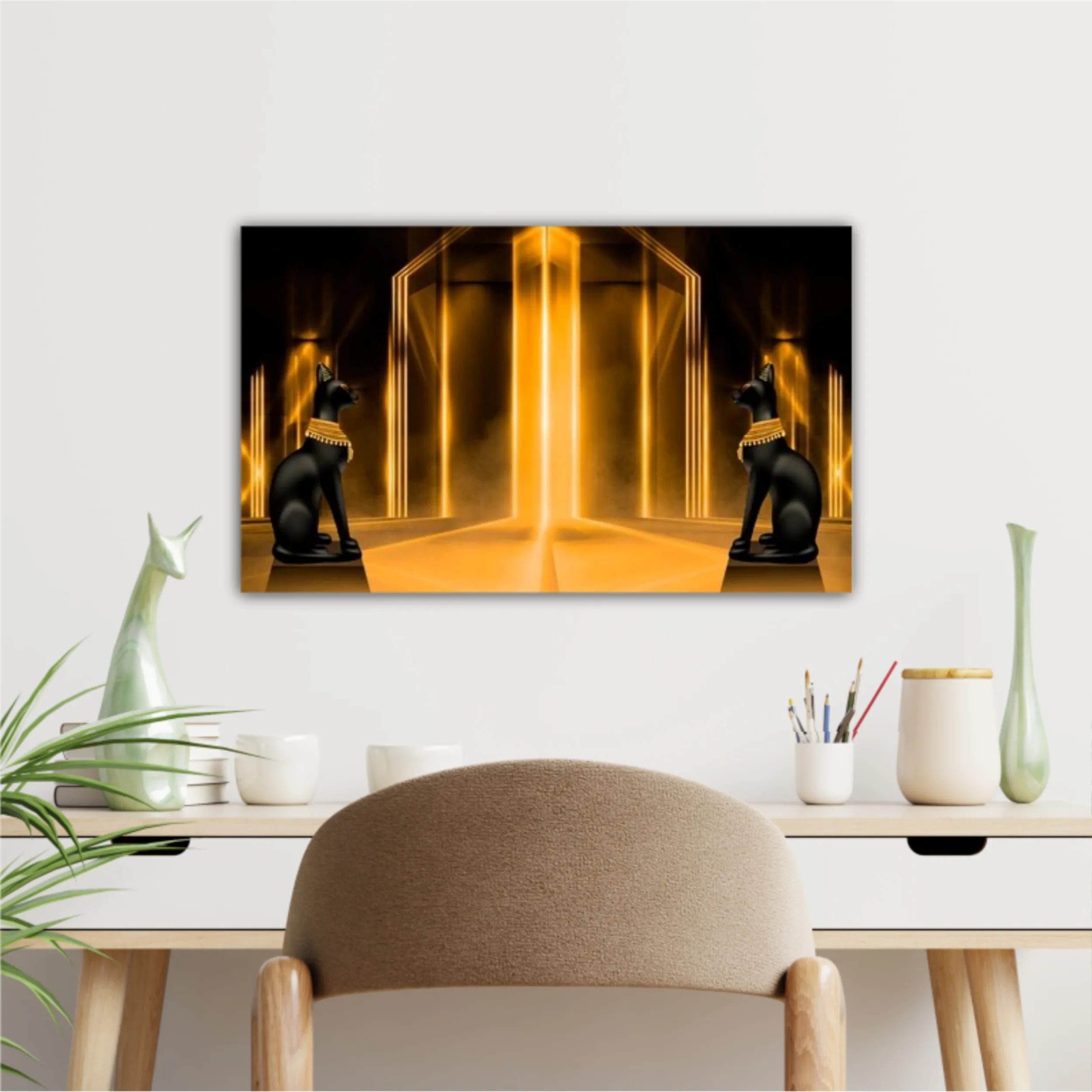 Egyptian background, a hall with columns in the golden light, the rays of light. Egyptian goddess Bastet. Background Ancient Egypt