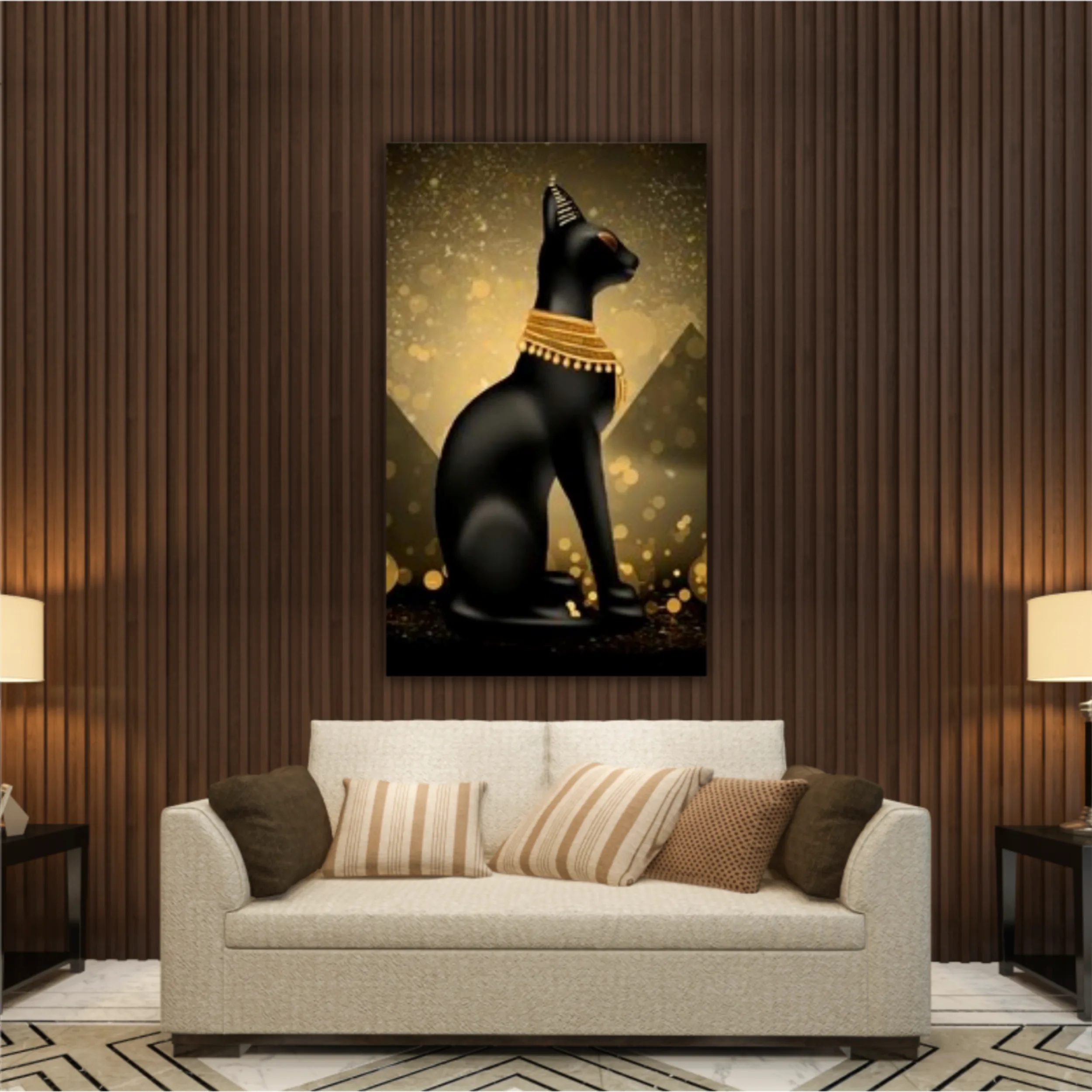 Egyptian asbstract background, goddess of Egypt Bastet, abstract dark bokeh background