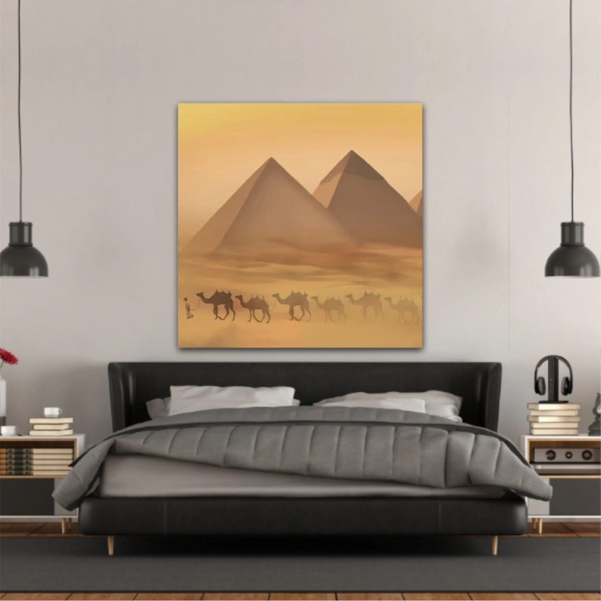 Desert landscape with pyramids. Sandstorm, camel caravan