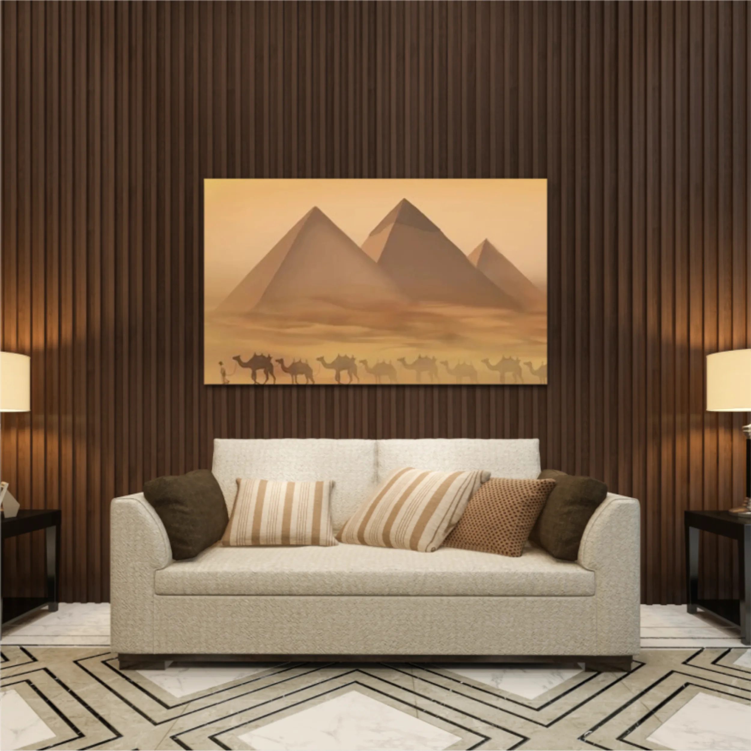 Desert landscape with pyramids. Sandstorm, camel caravan