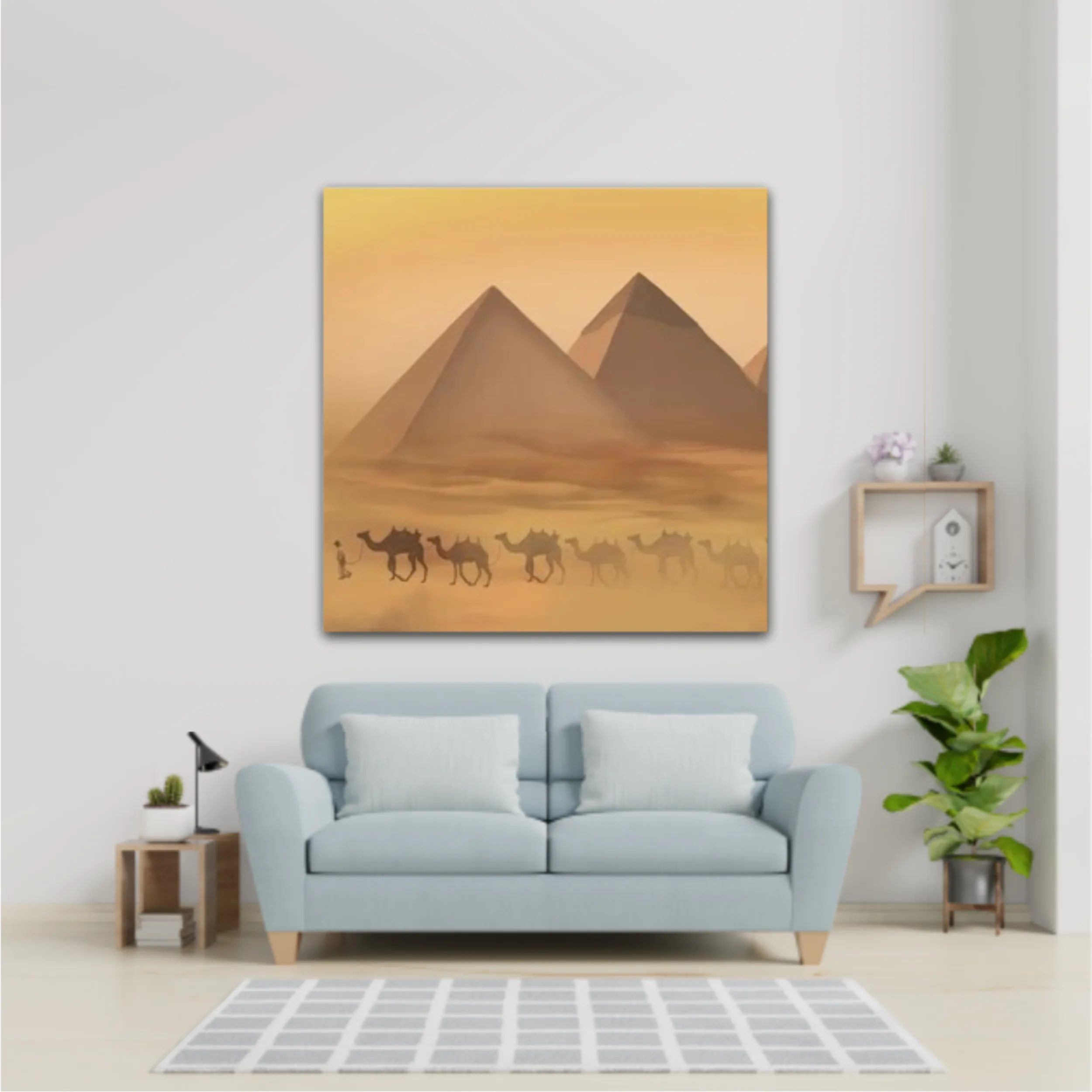 Desert landscape with pyramids. Sandstorm, camel caravan