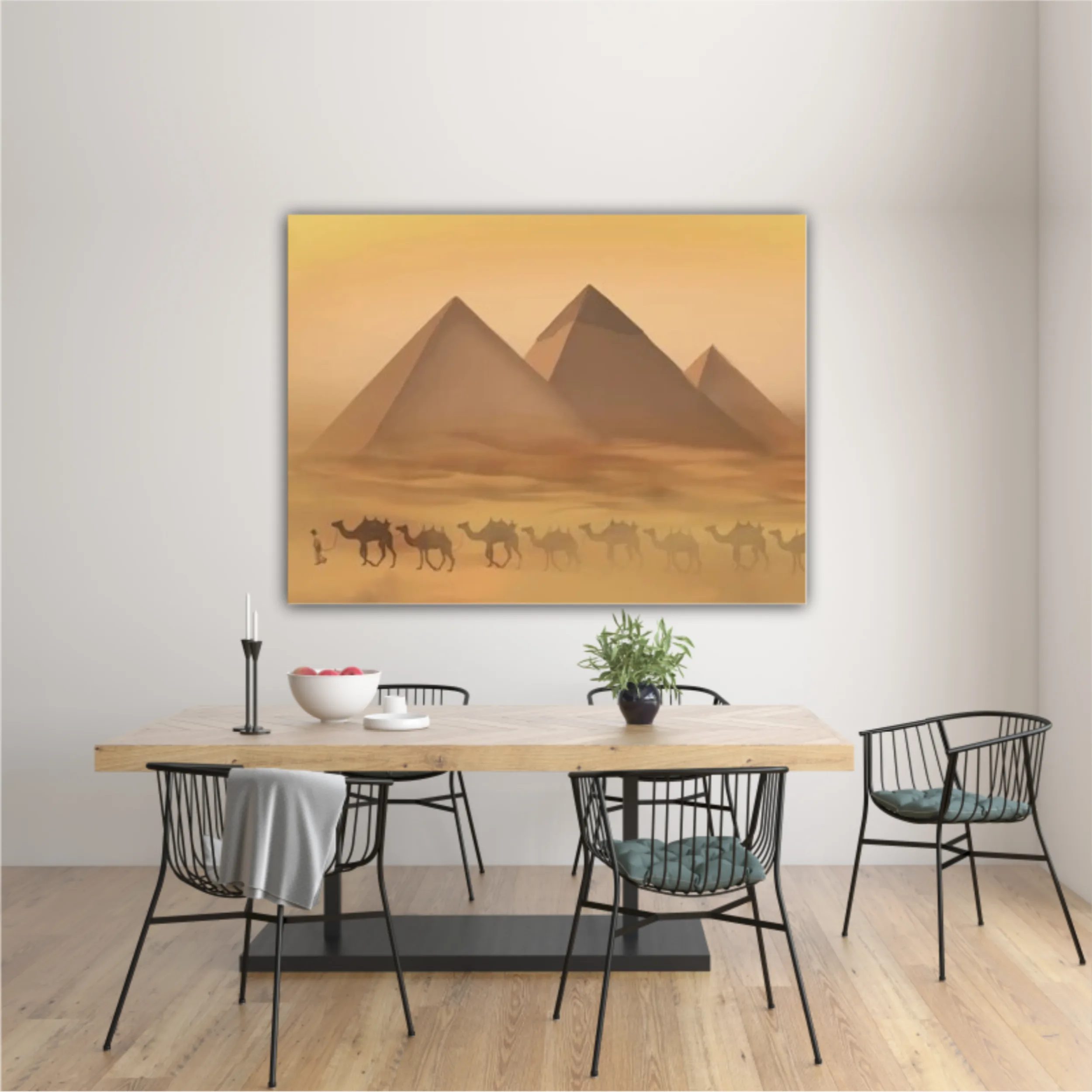 Desert landscape with pyramids. Sandstorm, camel caravan