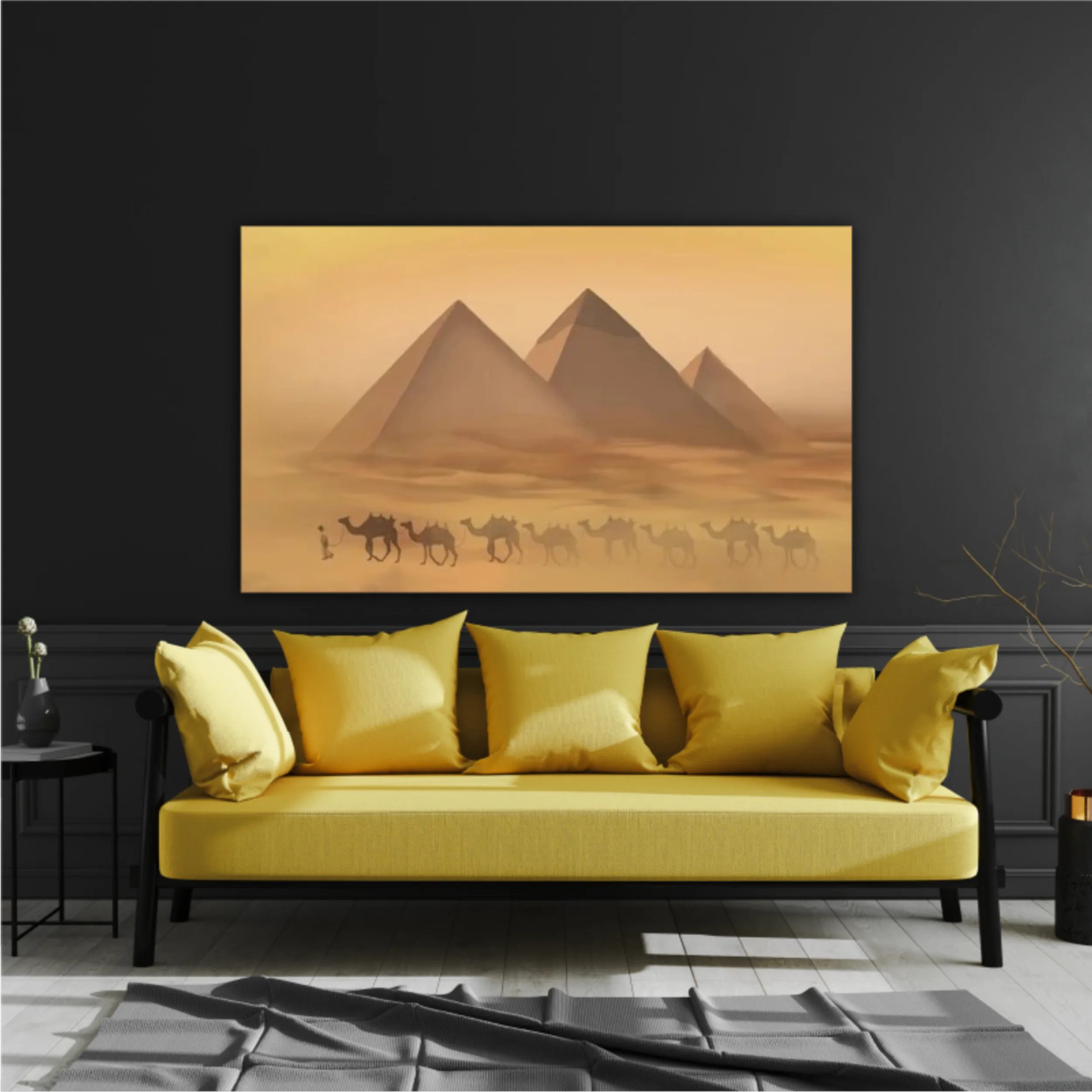 Desert landscape with pyramids. Sandstorm, camel caravan