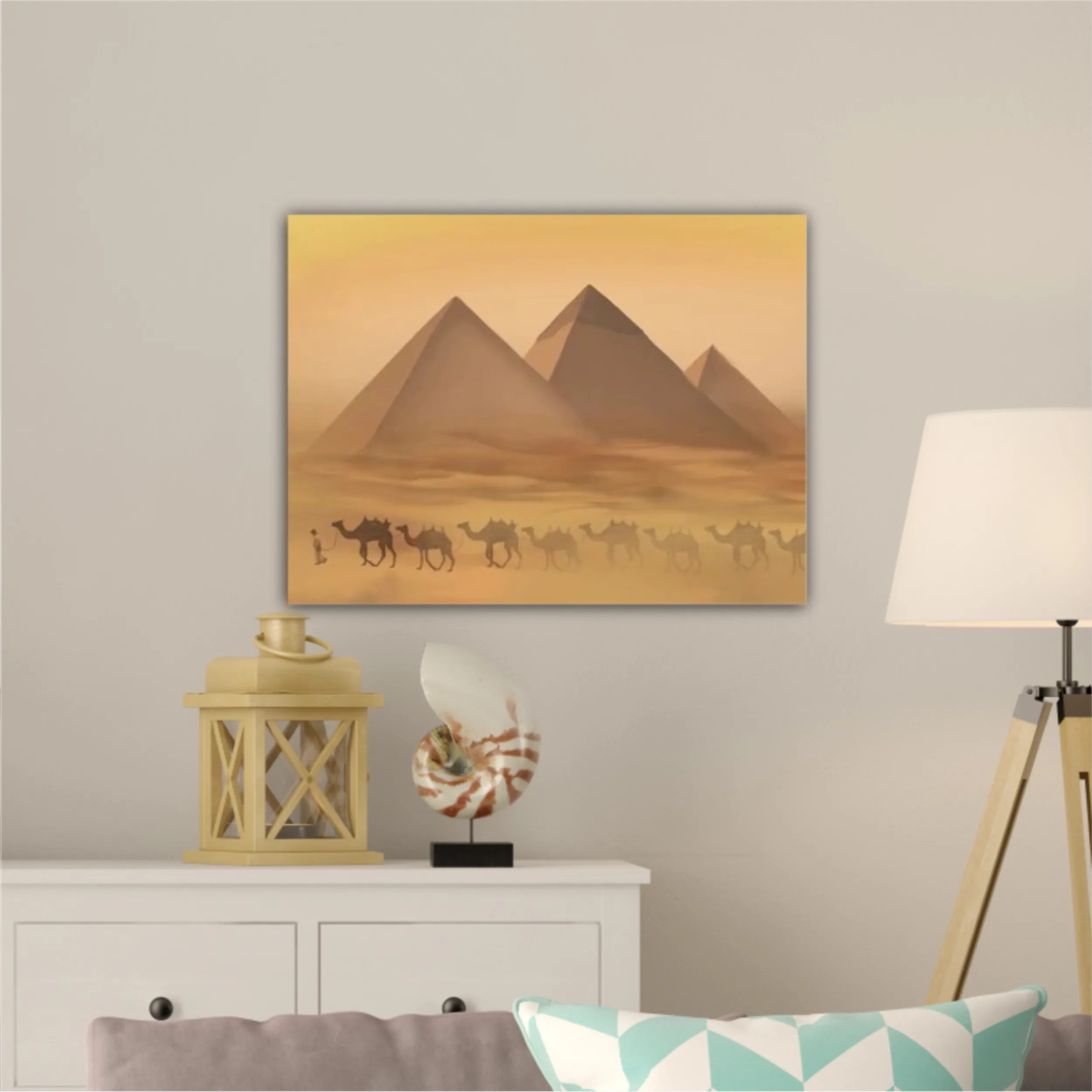 Desert landscape with pyramids. Sandstorm, camel caravan