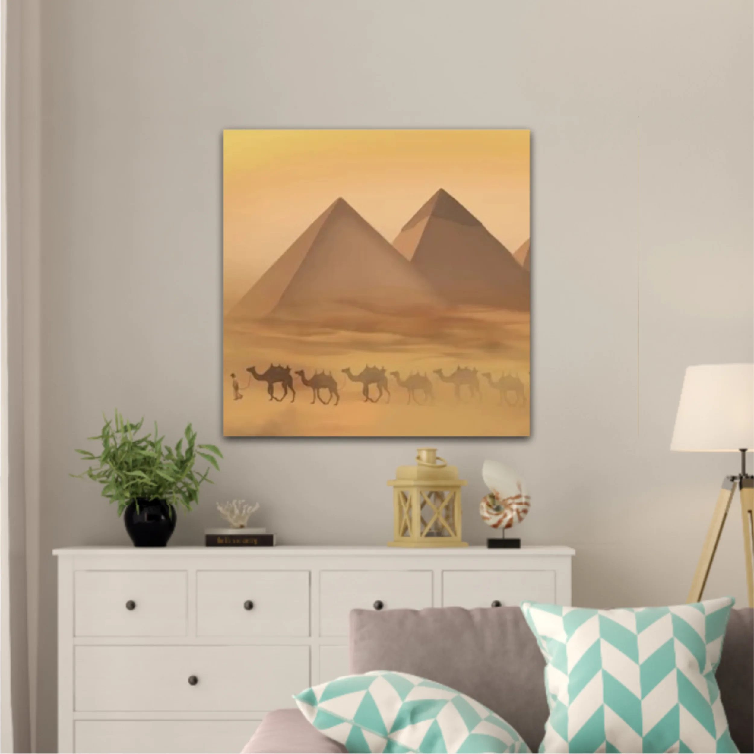 Desert landscape with pyramids. Sandstorm, camel caravan