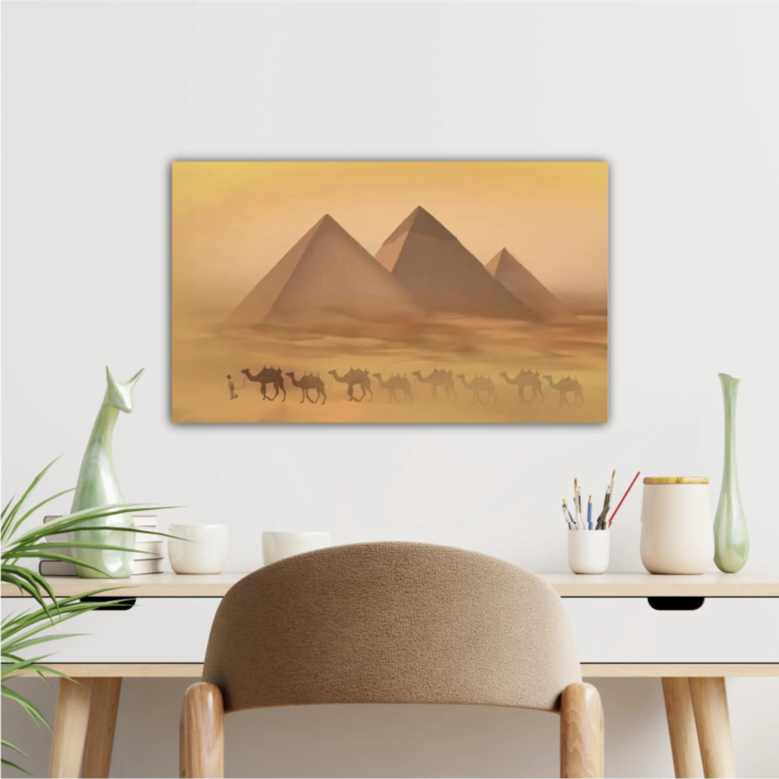 Desert landscape with pyramids. Sandstorm, camel caravan