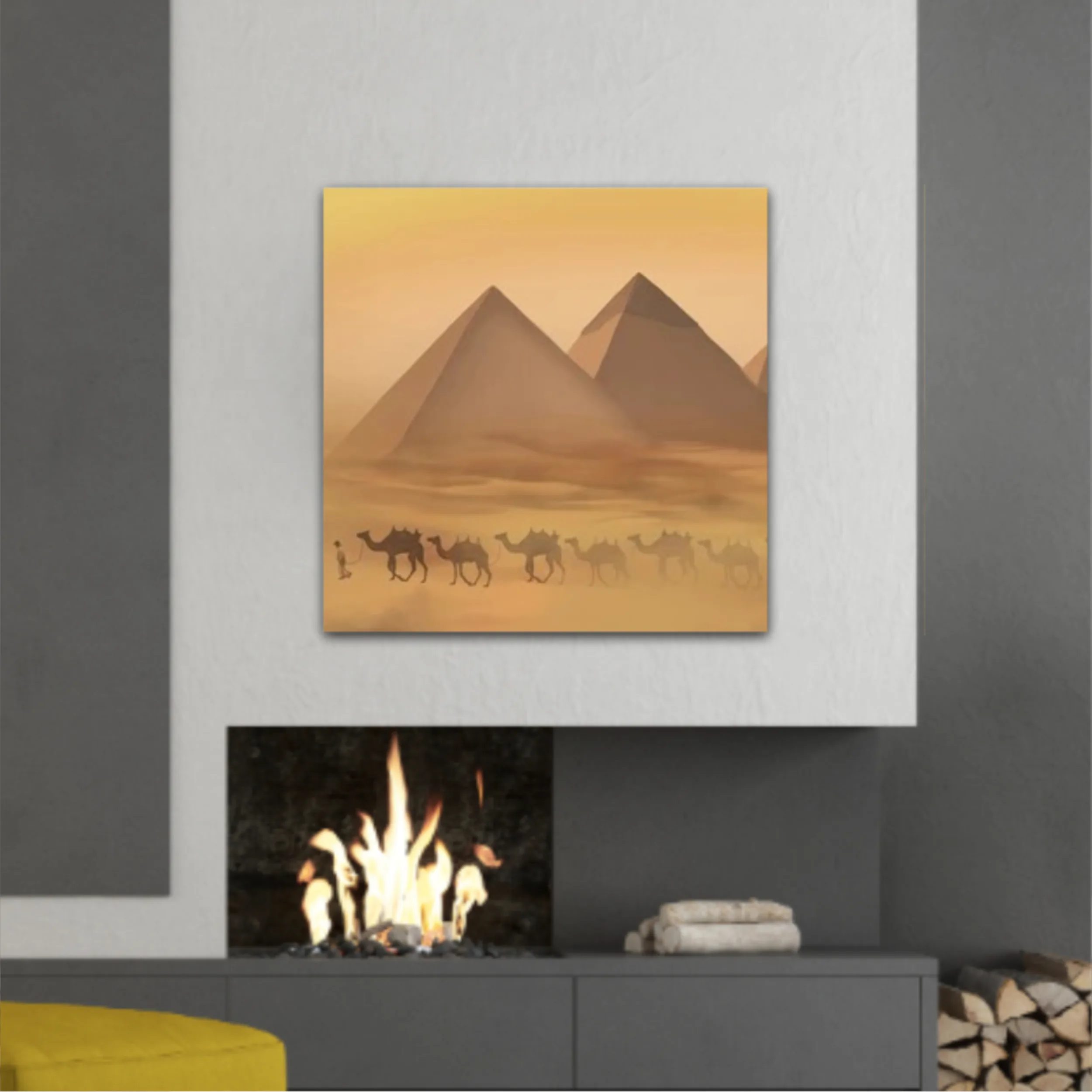 Desert landscape with pyramids. Sandstorm, camel caravan