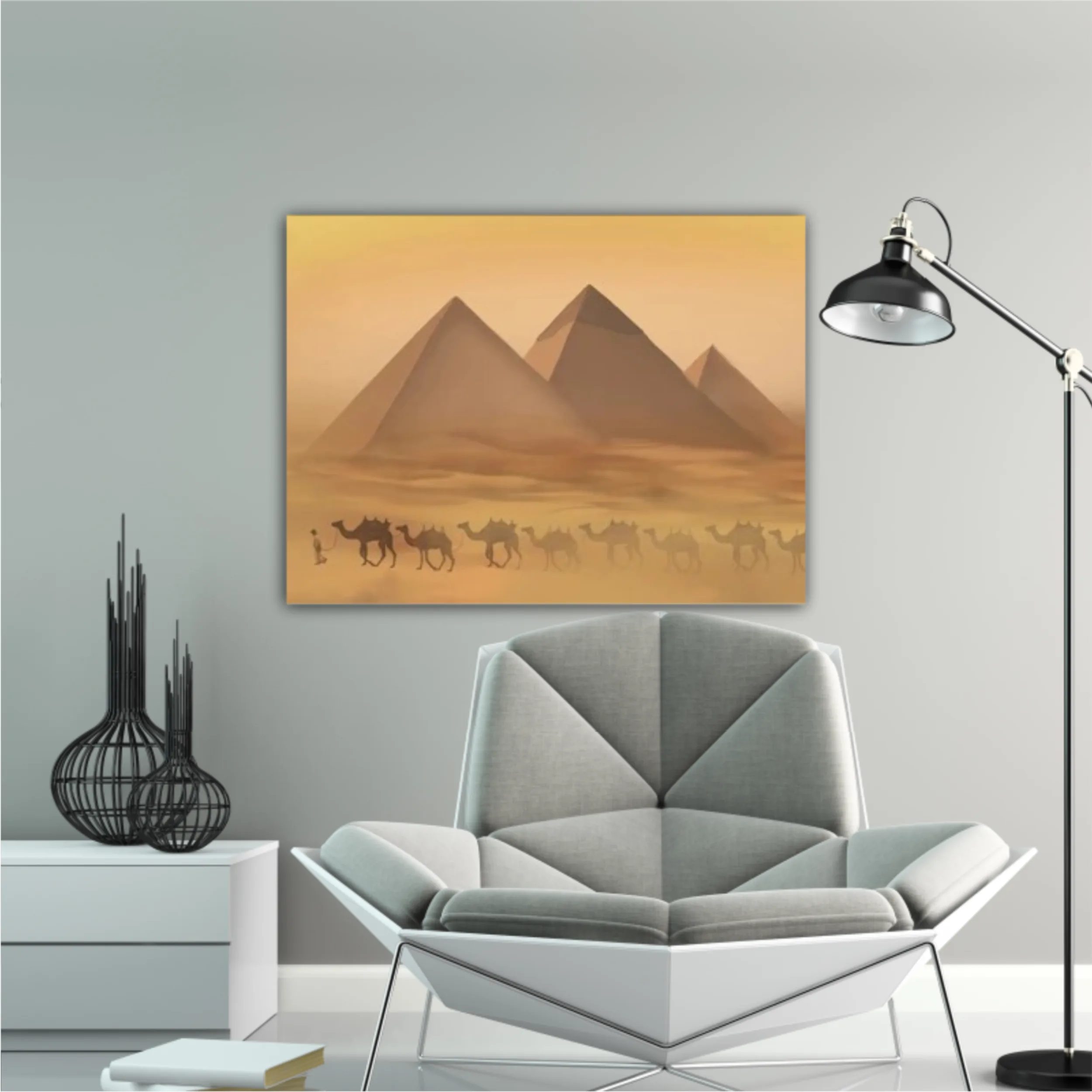 Desert landscape with pyramids. Sandstorm, camel caravan