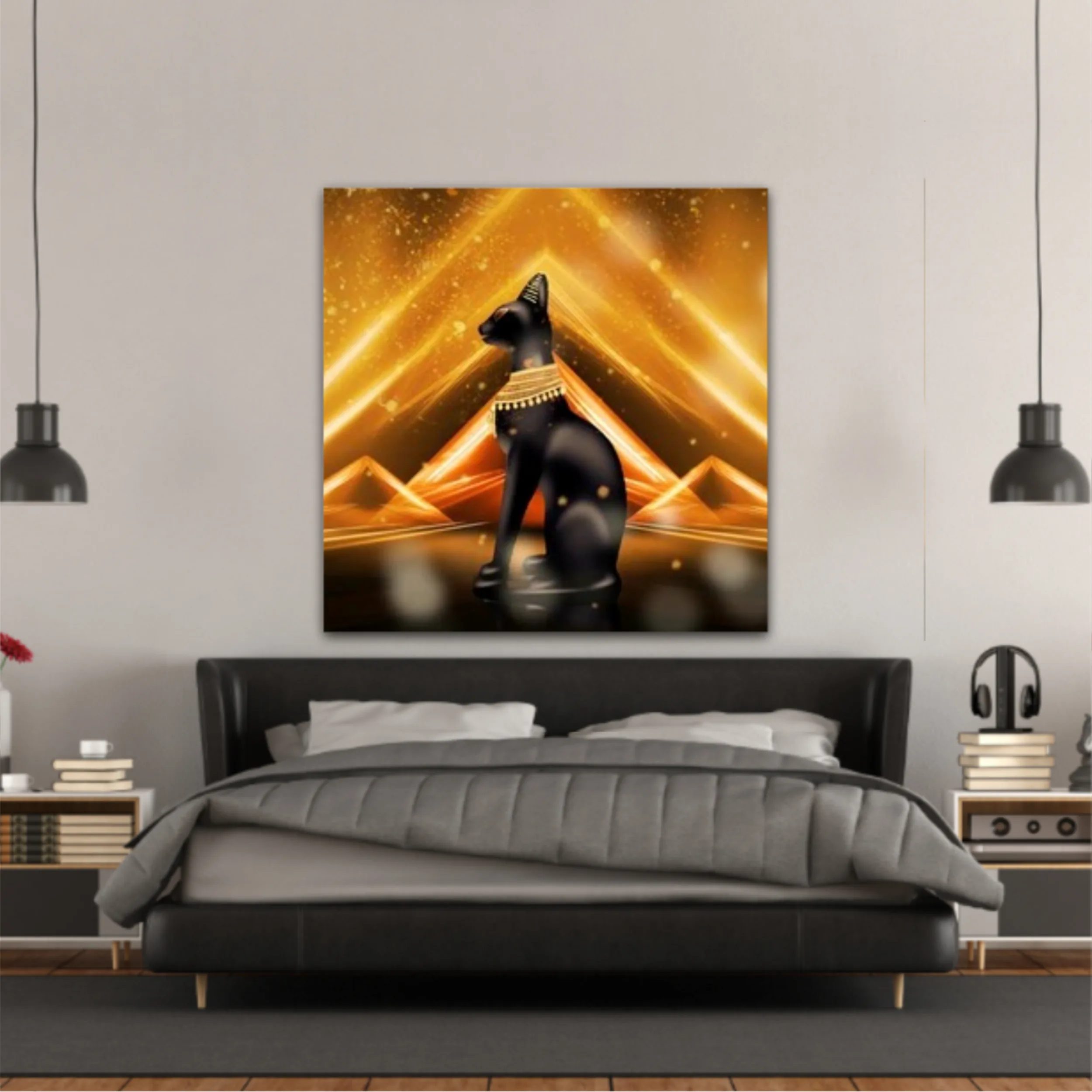 Egyptian background, a hall with columns in the golden light, the rays of light. Egyptian goddess Bastet. Background Ancient Egypt. 3D illustration