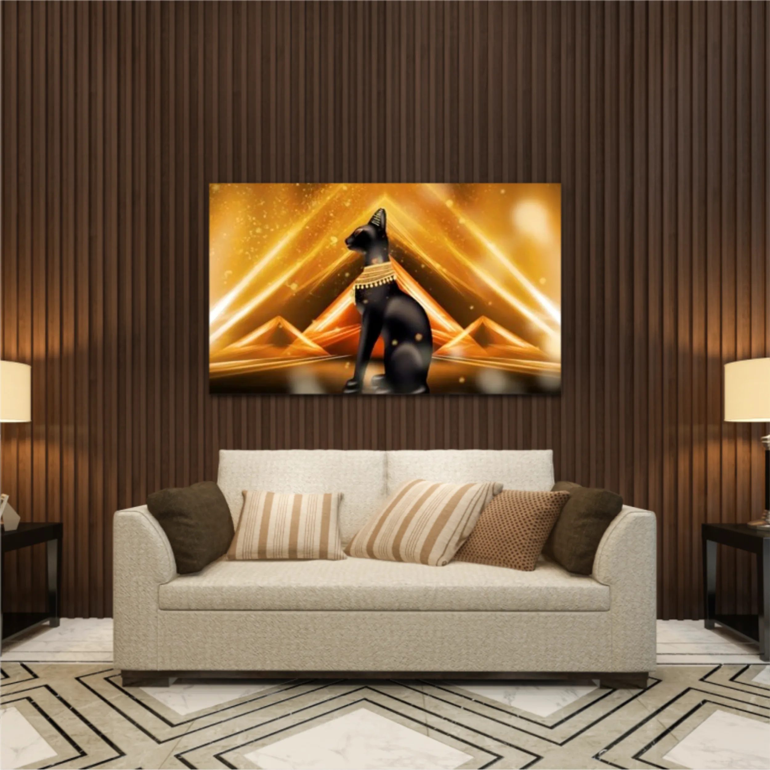 Egyptian background, a hall with columns in the golden light, the rays of light. Egyptian goddess Bastet. Background Ancient Egypt. 3D illustration