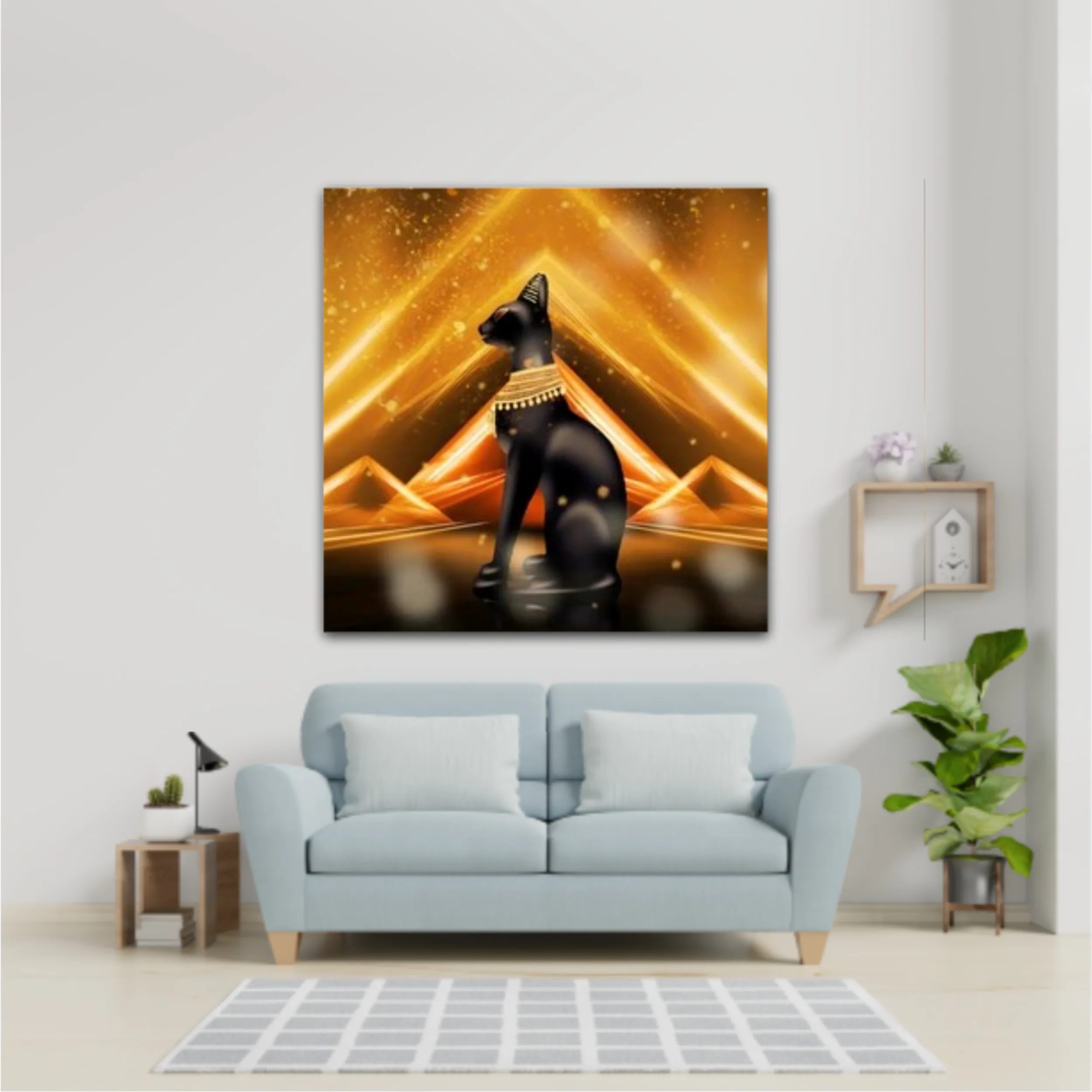 Egyptian background, a hall with columns in the golden light, the rays of light. Egyptian goddess Bastet. Background Ancient Egypt. 3D illustration