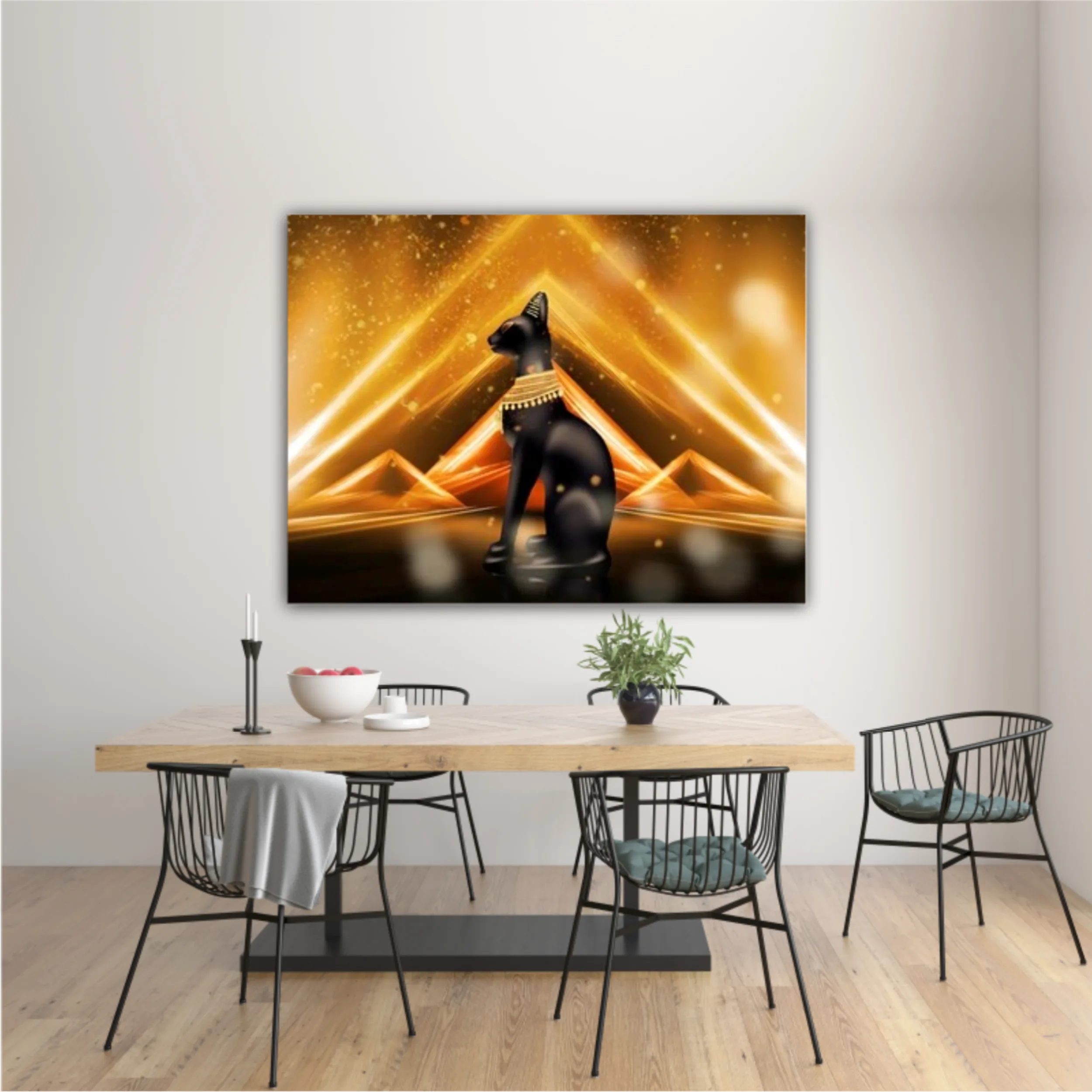 Egyptian background, a hall with columns in the golden light, the rays of light. Egyptian goddess Bastet. Background Ancient Egypt. 3D illustration