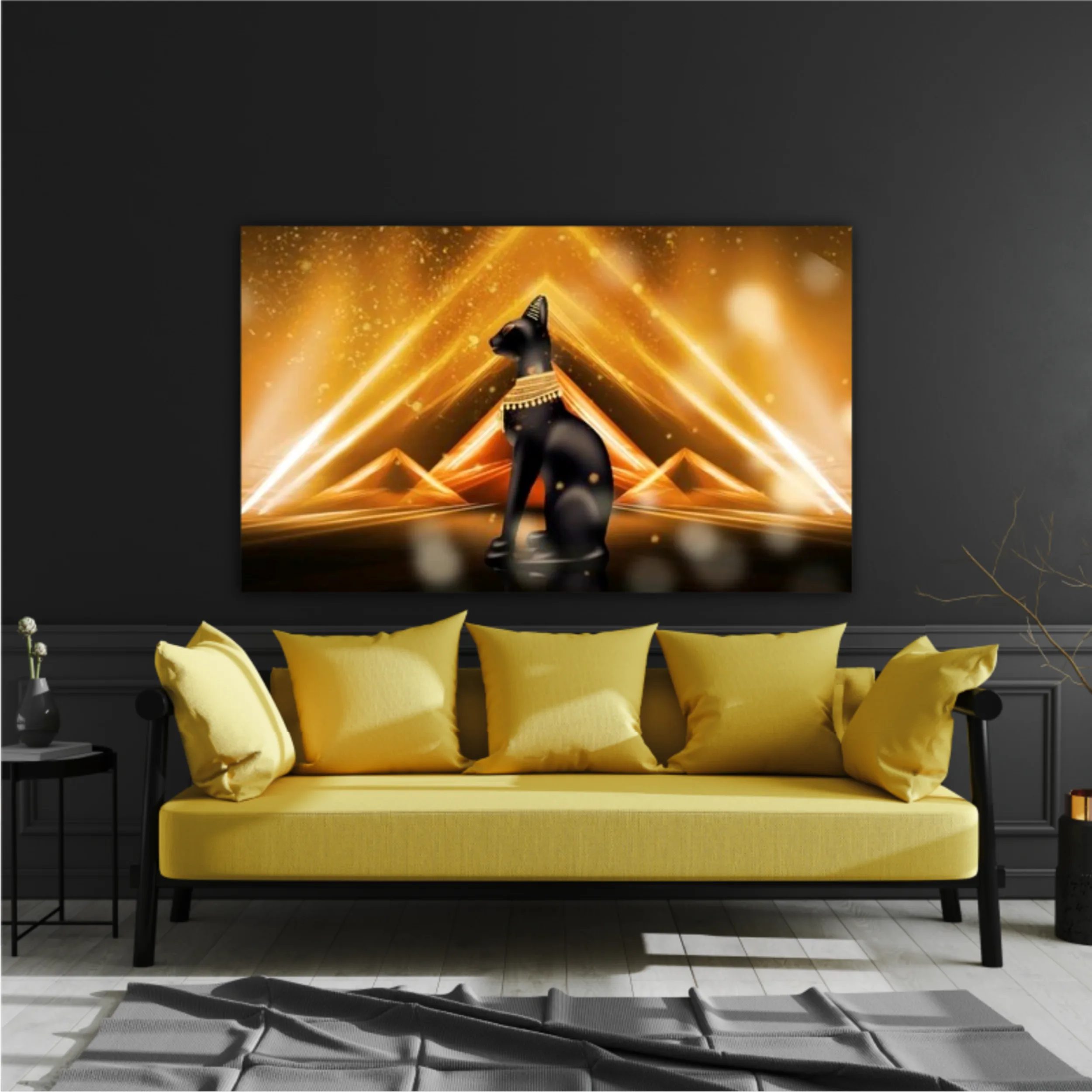 Egyptian background, a hall with columns in the golden light, the rays of light. Egyptian goddess Bastet. Background Ancient Egypt. 3D illustration