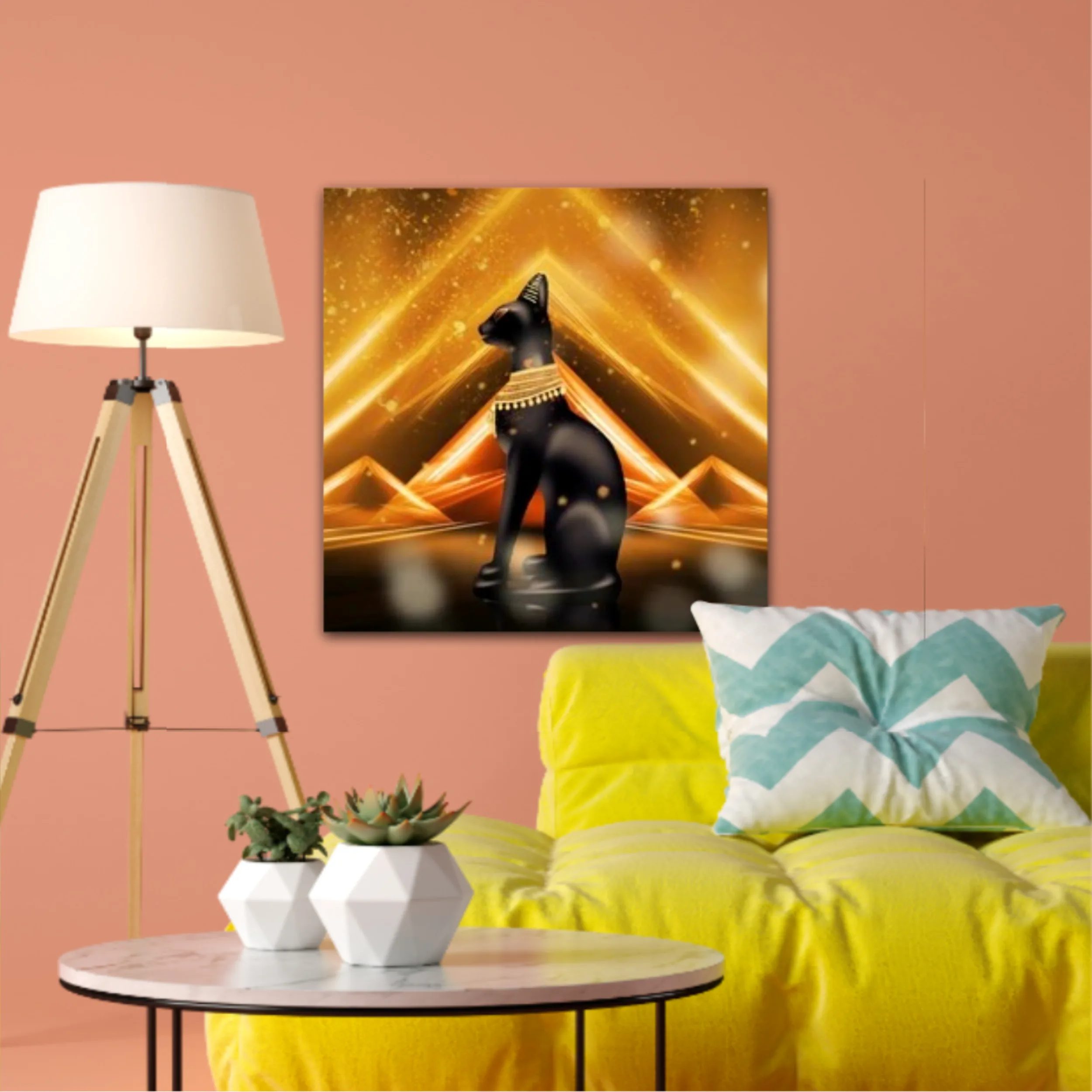 Egyptian background, a hall with columns in the golden light, the rays of light. Egyptian goddess Bastet. Background Ancient Egypt. 3D illustration