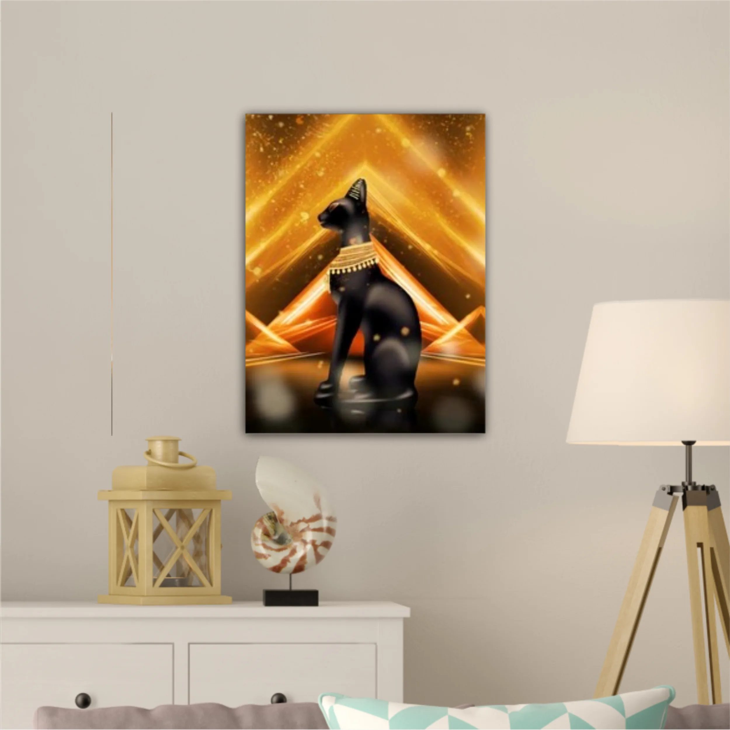 Egyptian background, a hall with columns in the golden light, the rays of light. Egyptian goddess Bastet. Background Ancient Egypt. 3D illustration