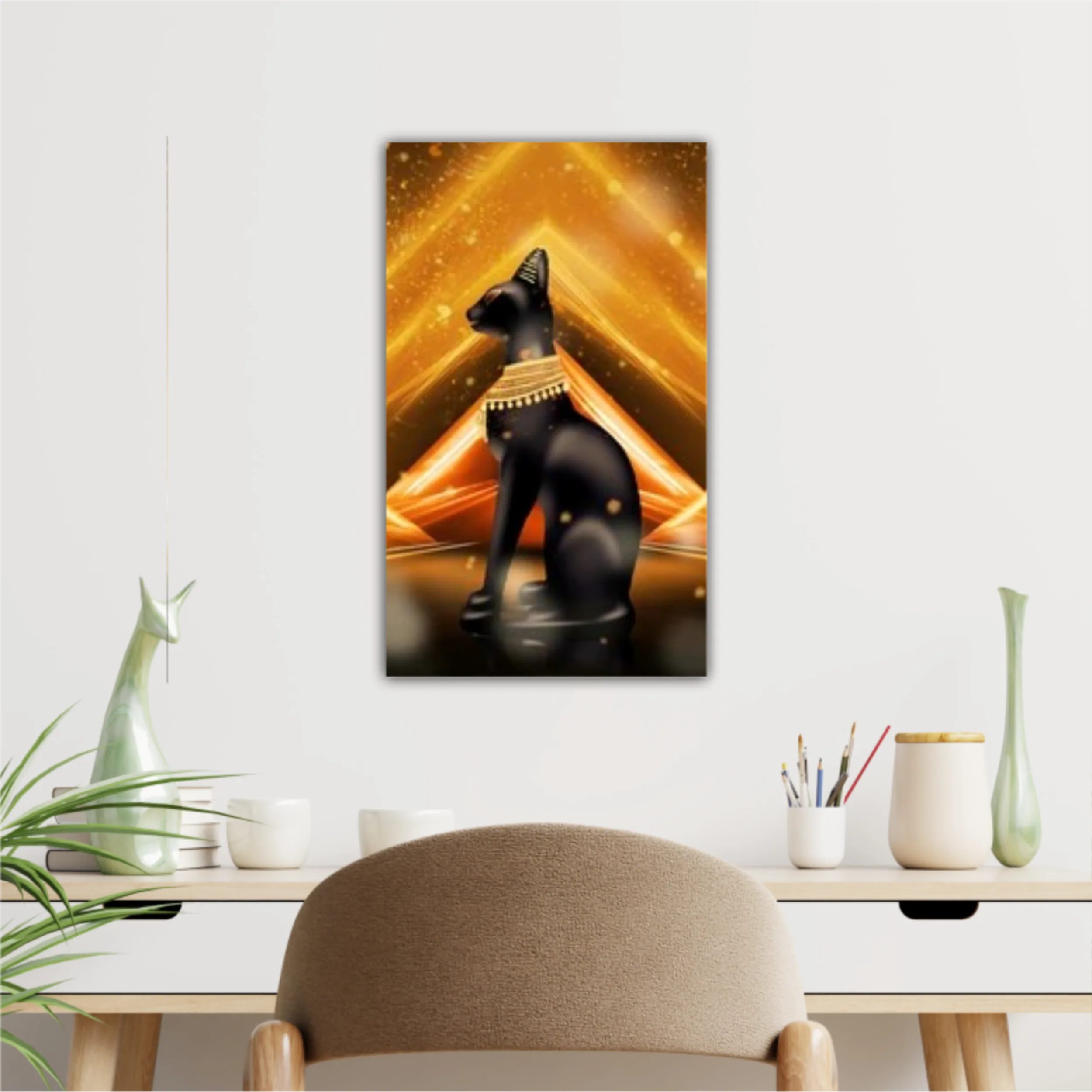 Egyptian background, a hall with columns in the golden light, the rays of light. Egyptian goddess Bastet. Background Ancient Egypt. 3D illustration