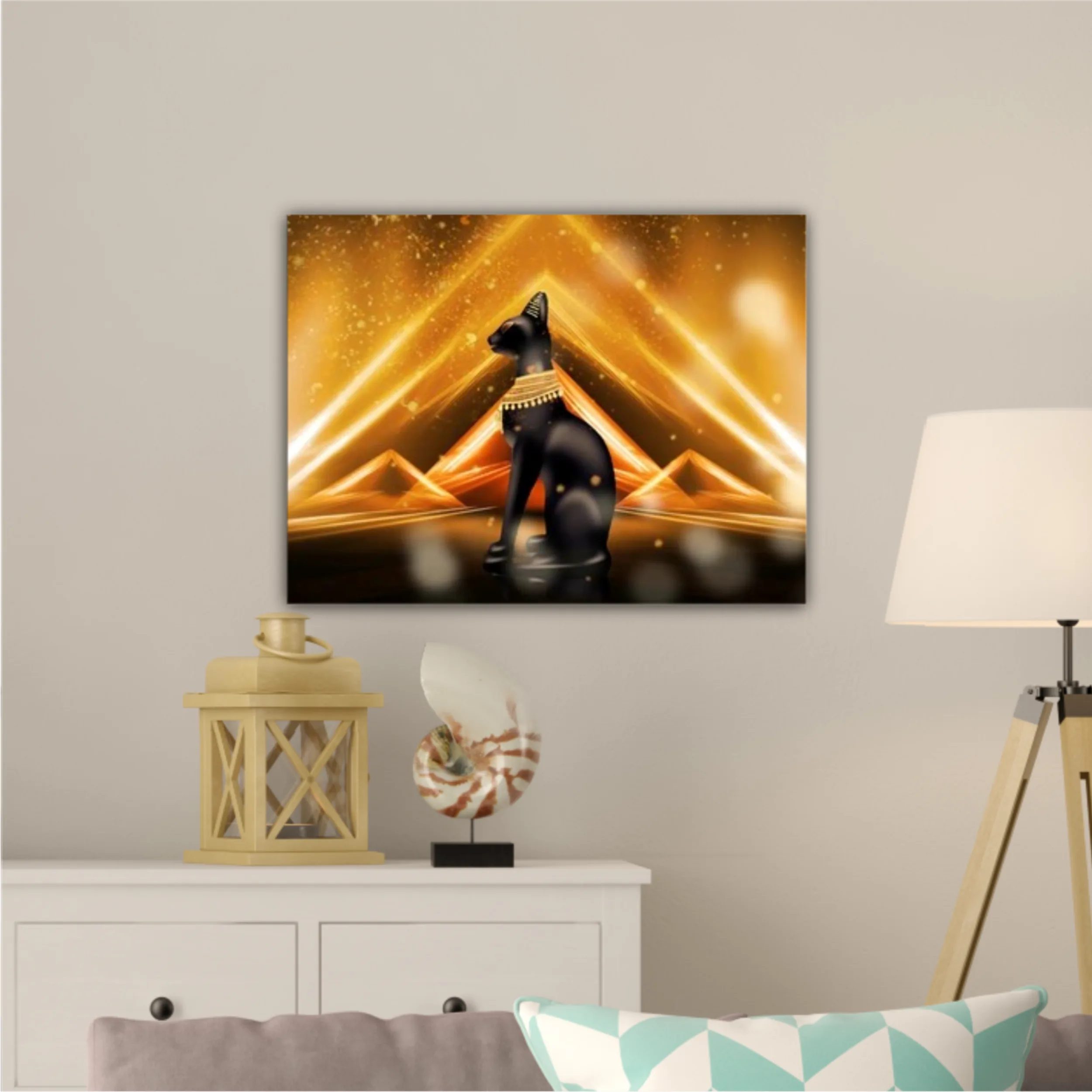 Egyptian background, a hall with columns in the golden light, the rays of light. Egyptian goddess Bastet. Background Ancient Egypt. 3D illustration