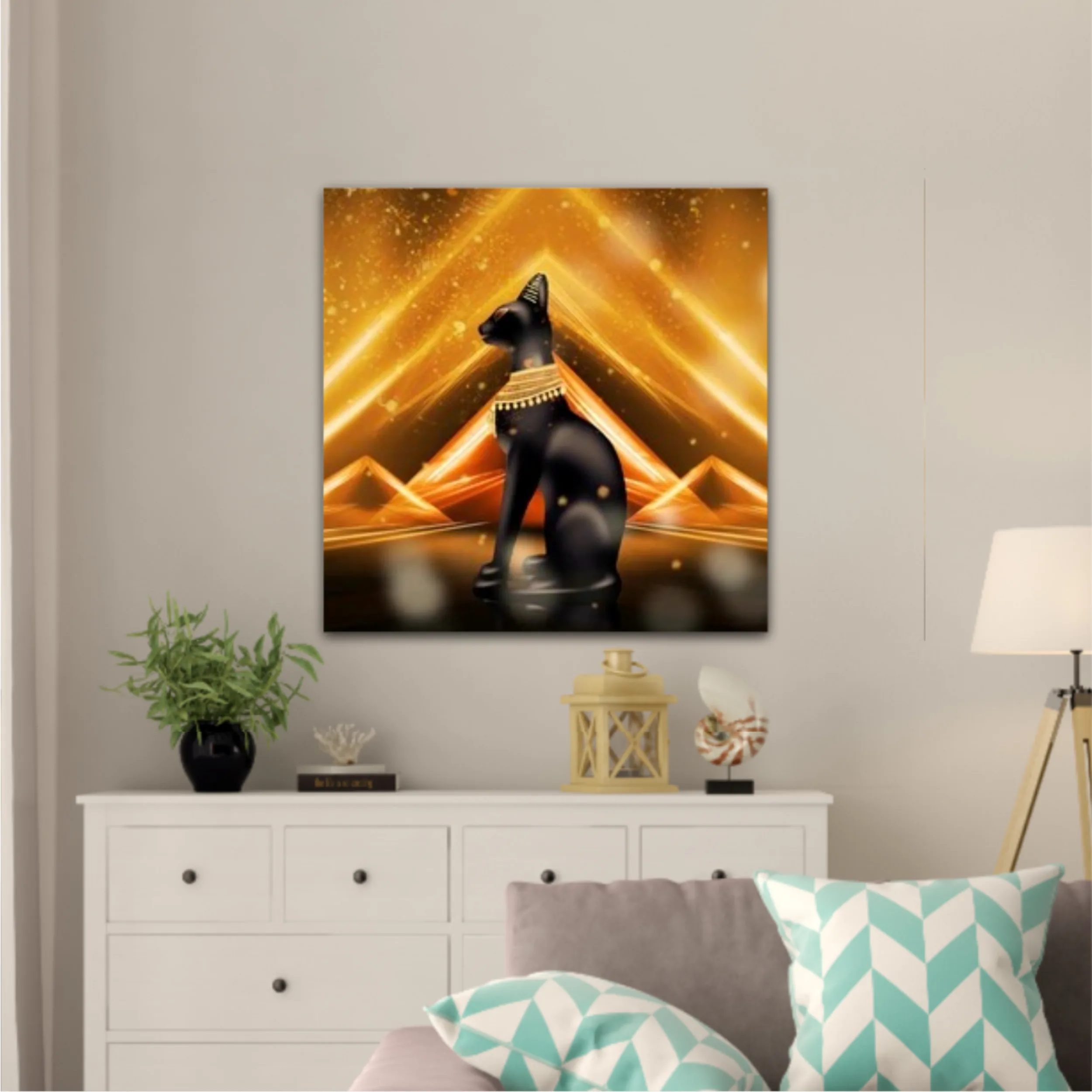 Egyptian background, a hall with columns in the golden light, the rays of light. Egyptian goddess Bastet. Background Ancient Egypt. 3D illustration