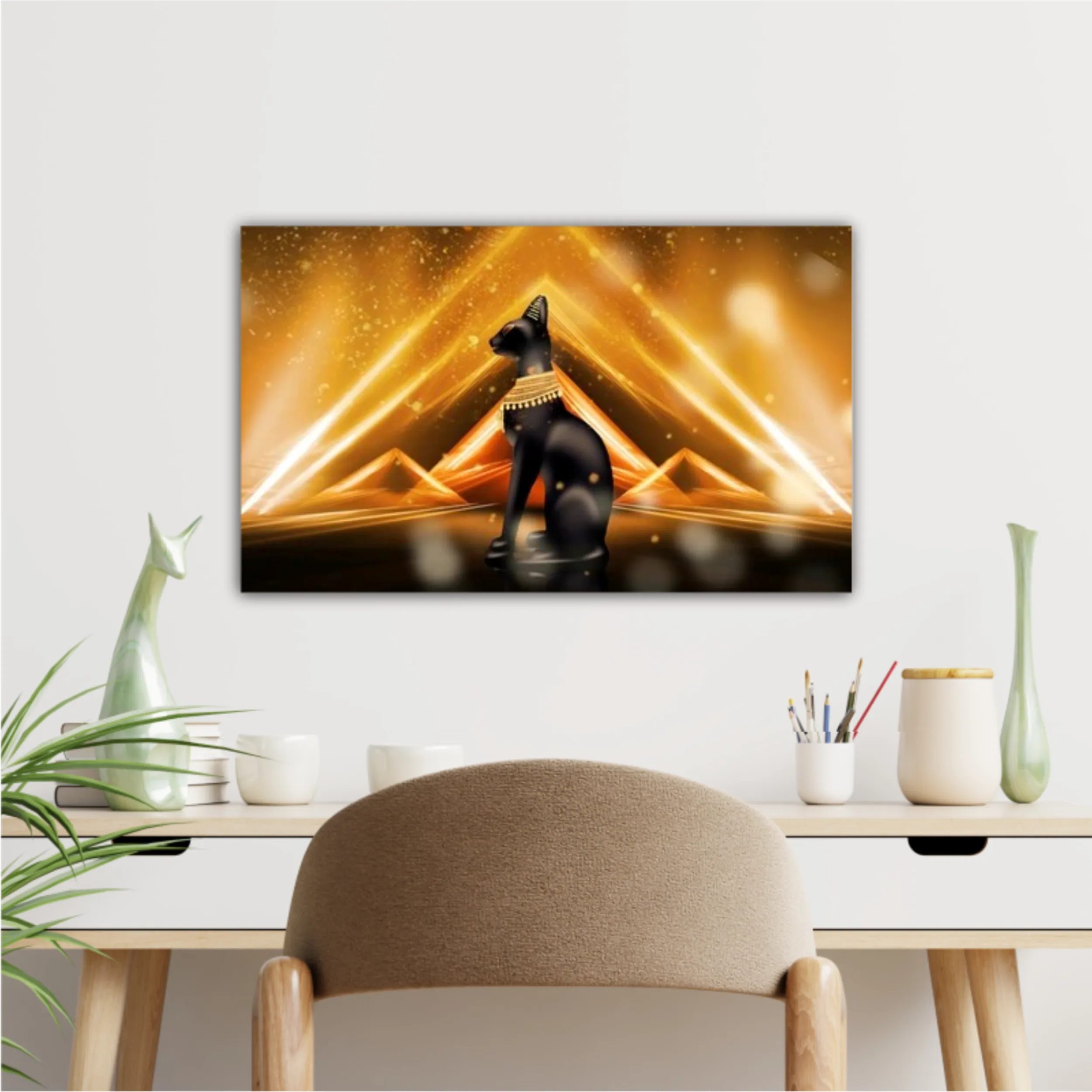 Egyptian background, a hall with columns in the golden light, the rays of light. Egyptian goddess Bastet. Background Ancient Egypt. 3D illustration