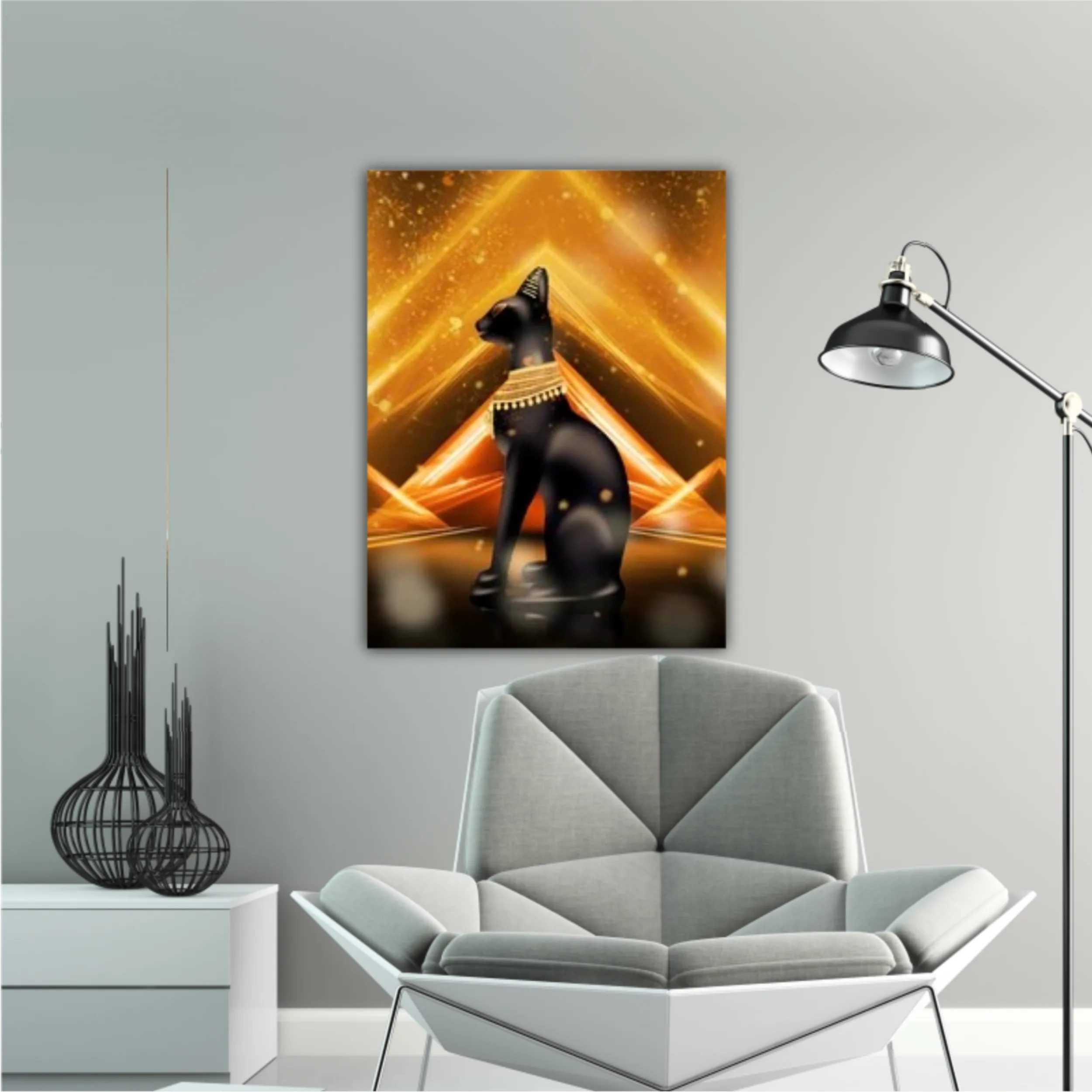 Egyptian background, a hall with columns in the golden light, the rays of light. Egyptian goddess Bastet. Background Ancient Egypt. 3D illustration