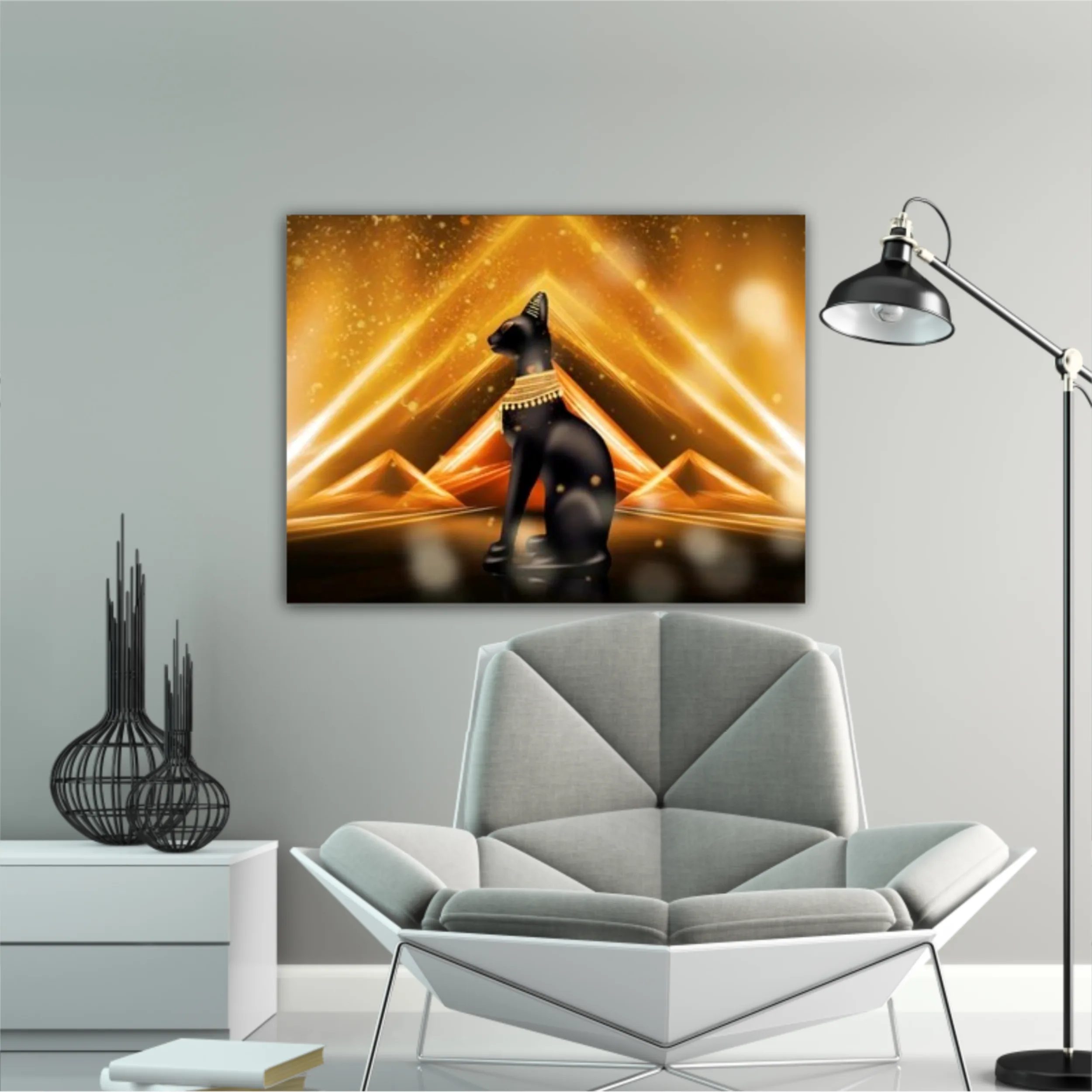 Egyptian background, a hall with columns in the golden light, the rays of light. Egyptian goddess Bastet. Background Ancient Egypt. 3D illustration