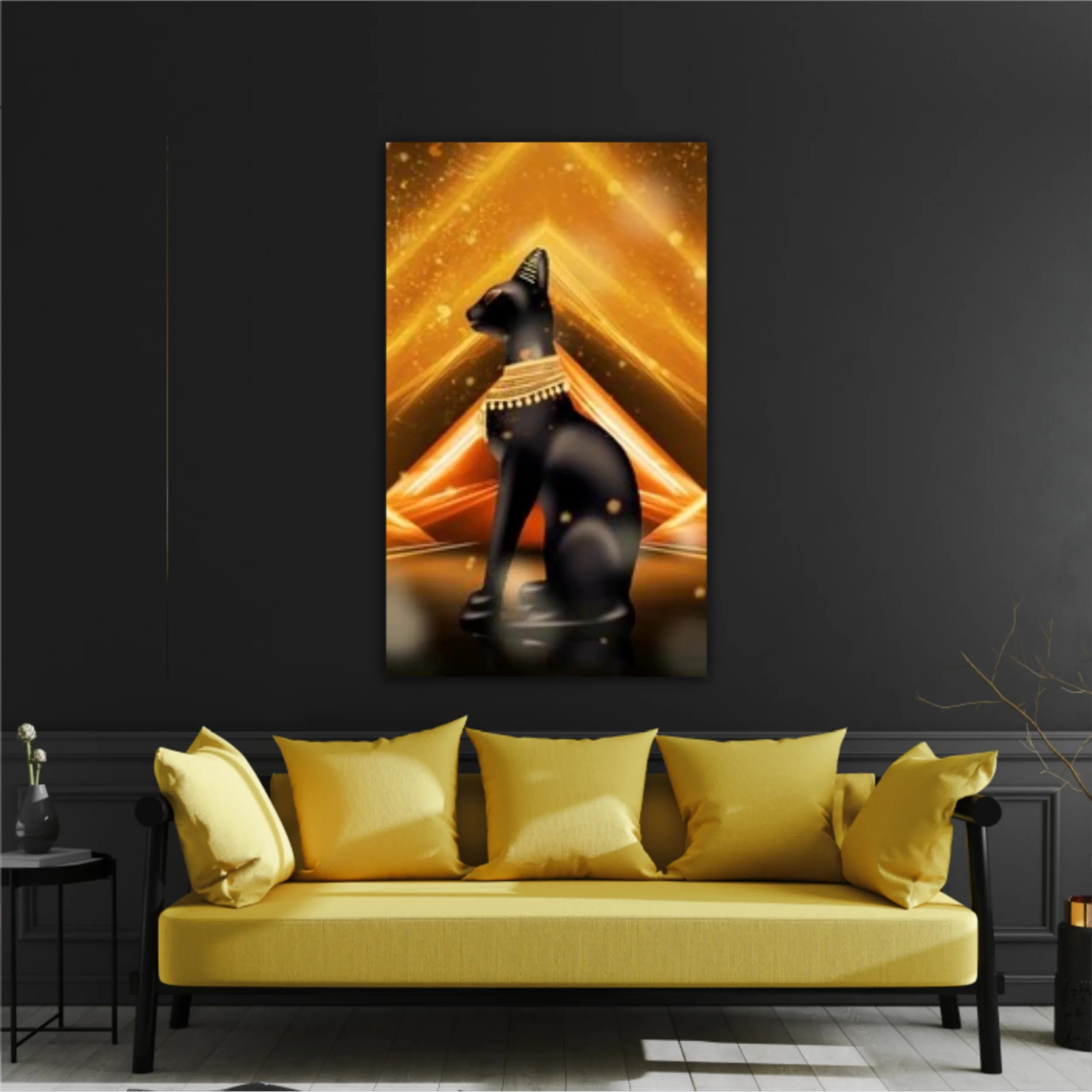 Egyptian background, a hall with columns in the golden light, the rays of light. Egyptian goddess Bastet. Background Ancient Egypt. 3D illustration