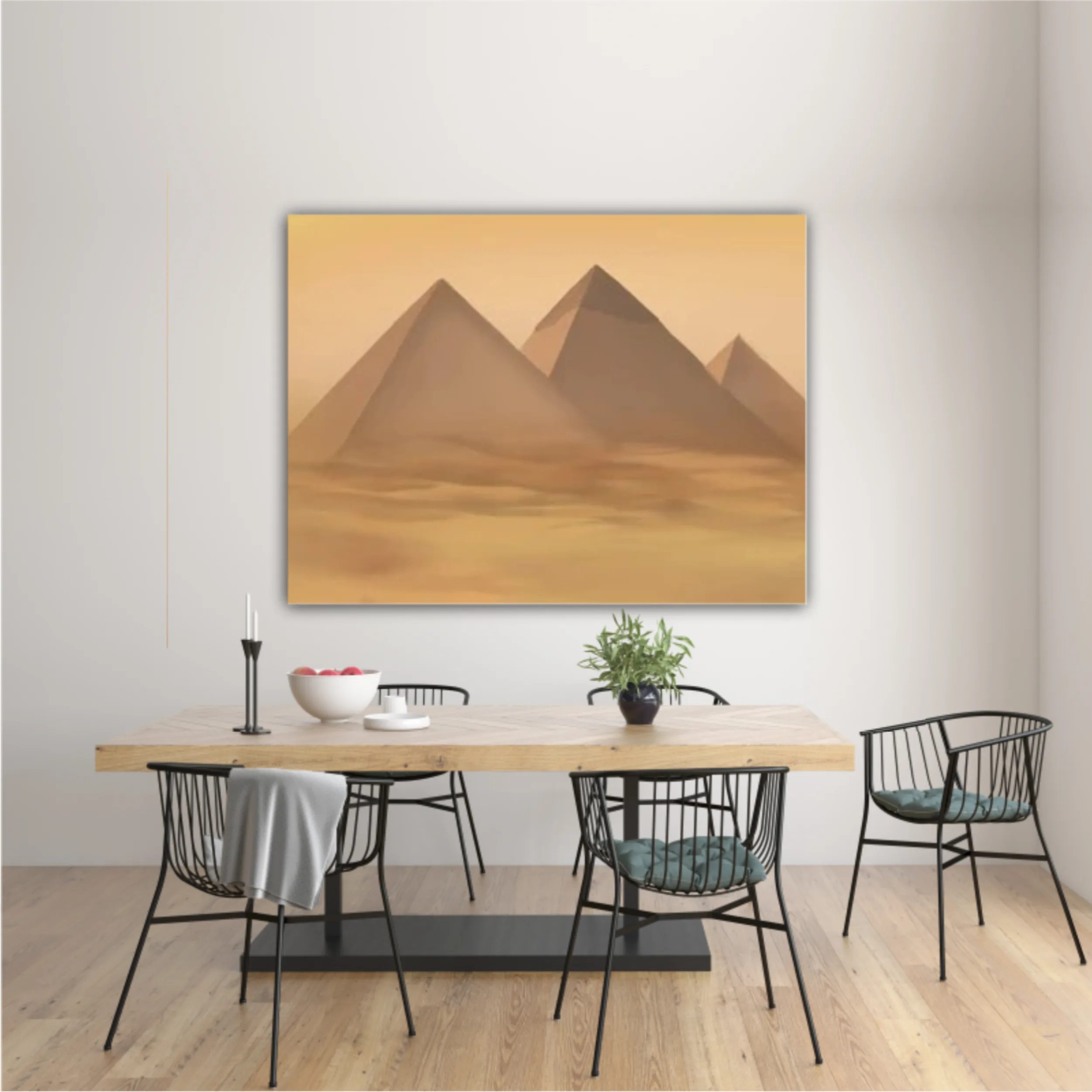 Desert landscape with pyramids. Sandstorm, camel caravan