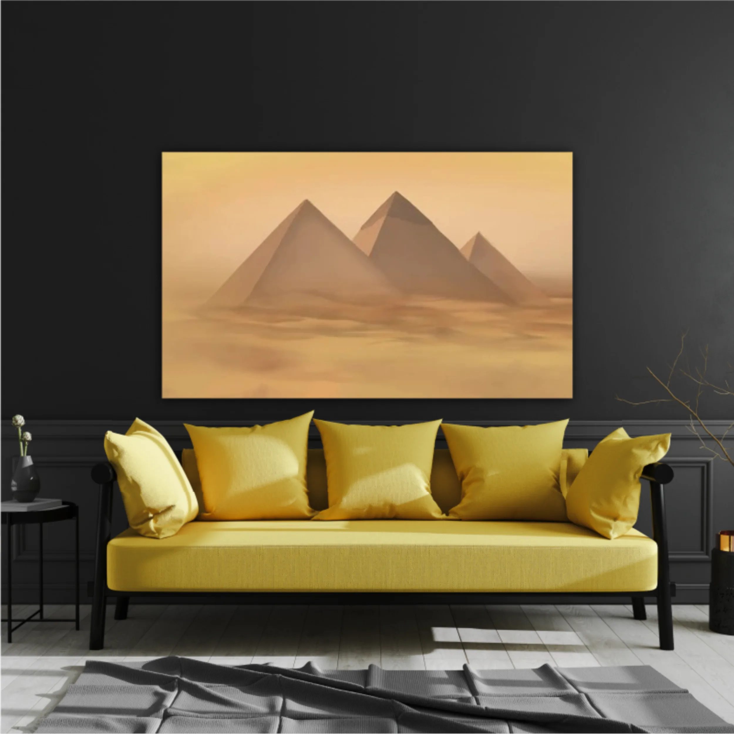 Desert landscape with pyramids. Sandstorm, camel caravan