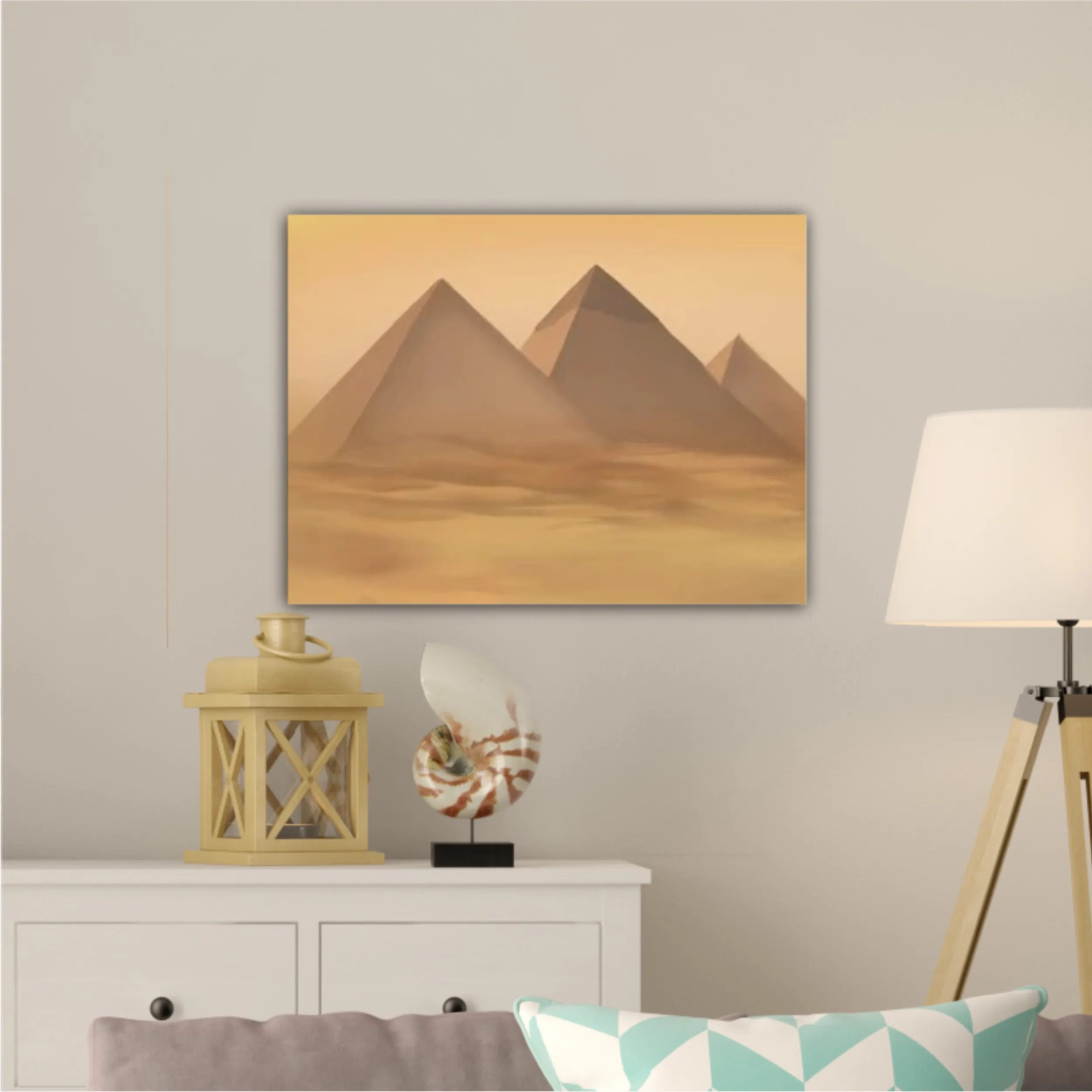 Desert landscape with pyramids. Sandstorm, camel caravan