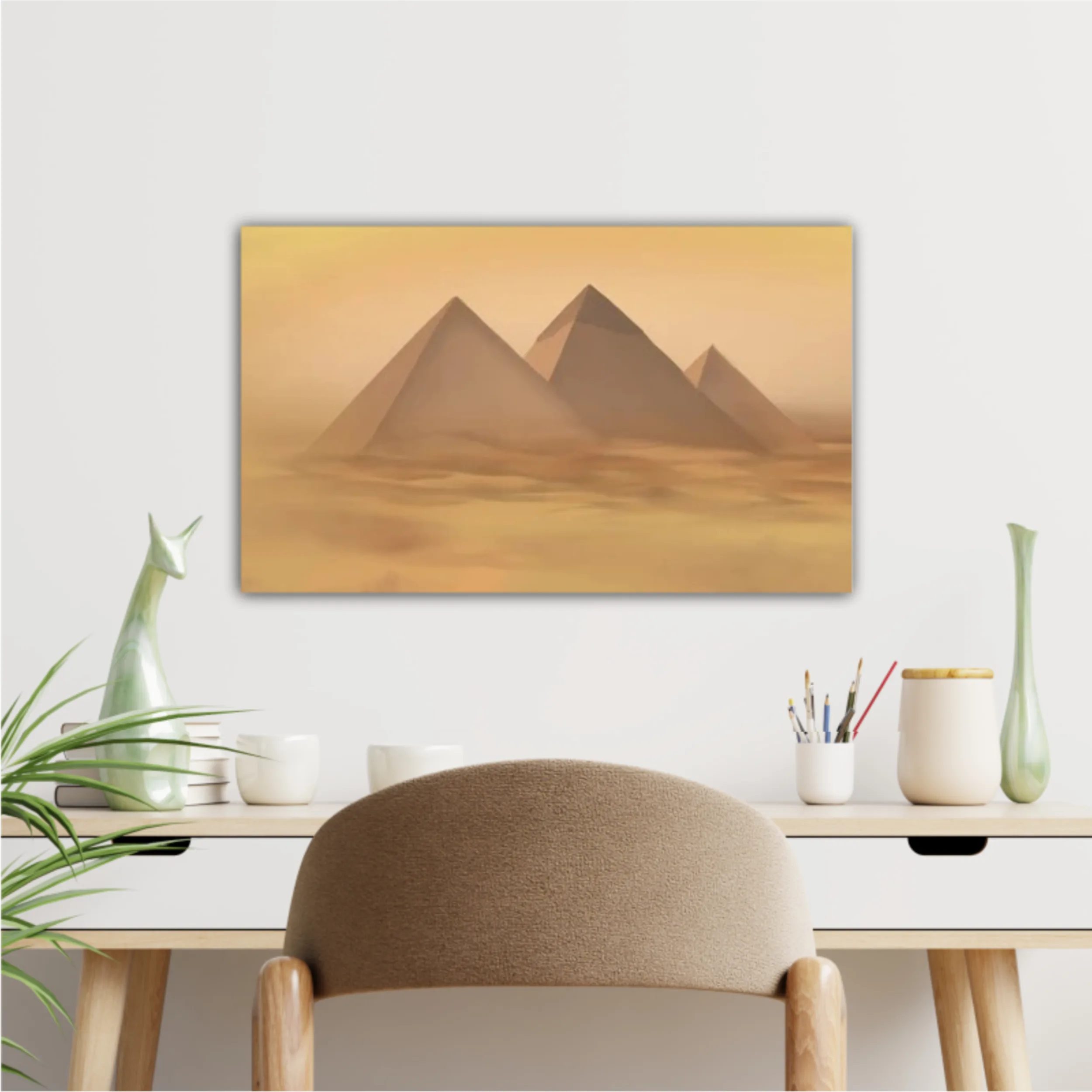 Desert landscape with pyramids. Sandstorm, camel caravan