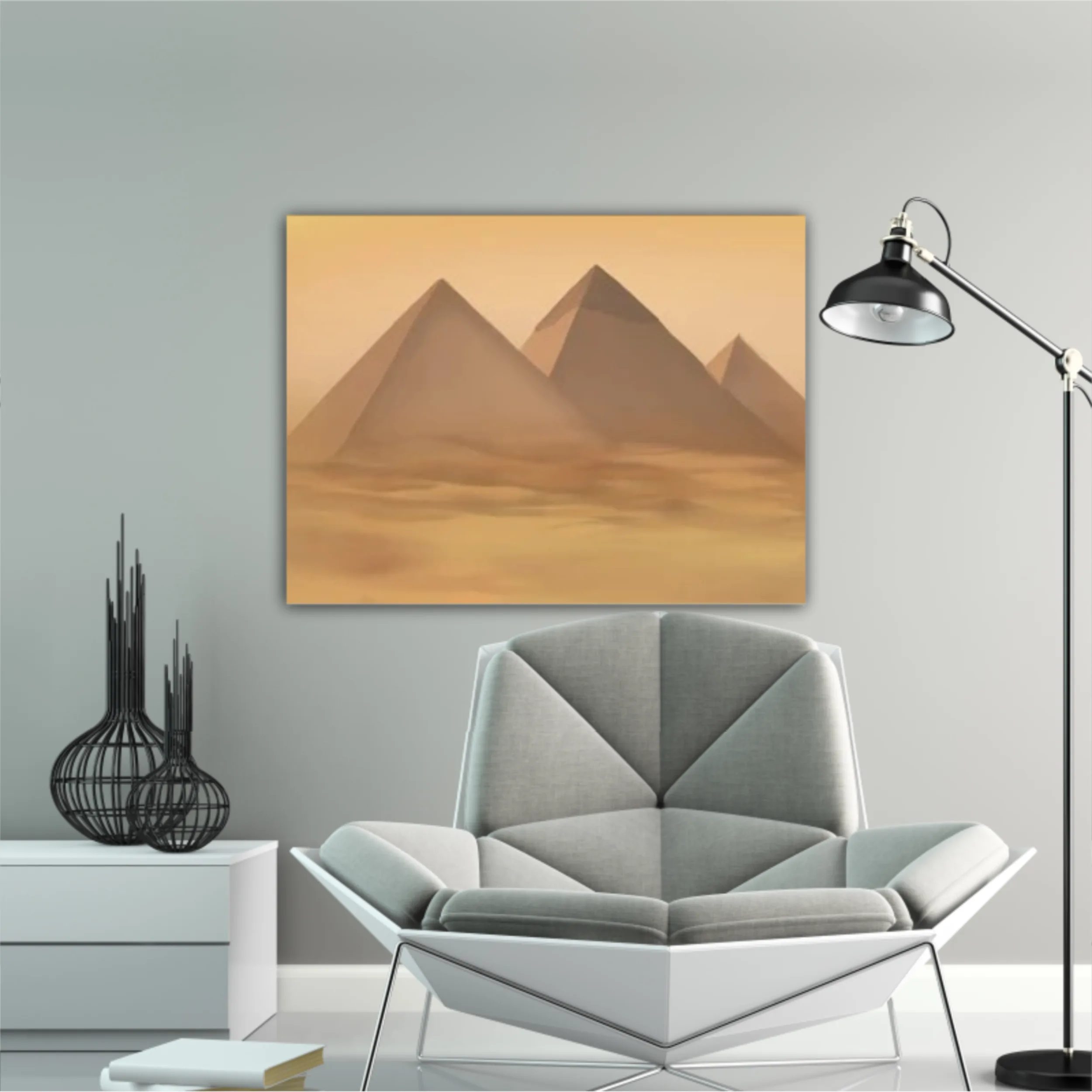 Desert landscape with pyramids. Sandstorm, camel caravan