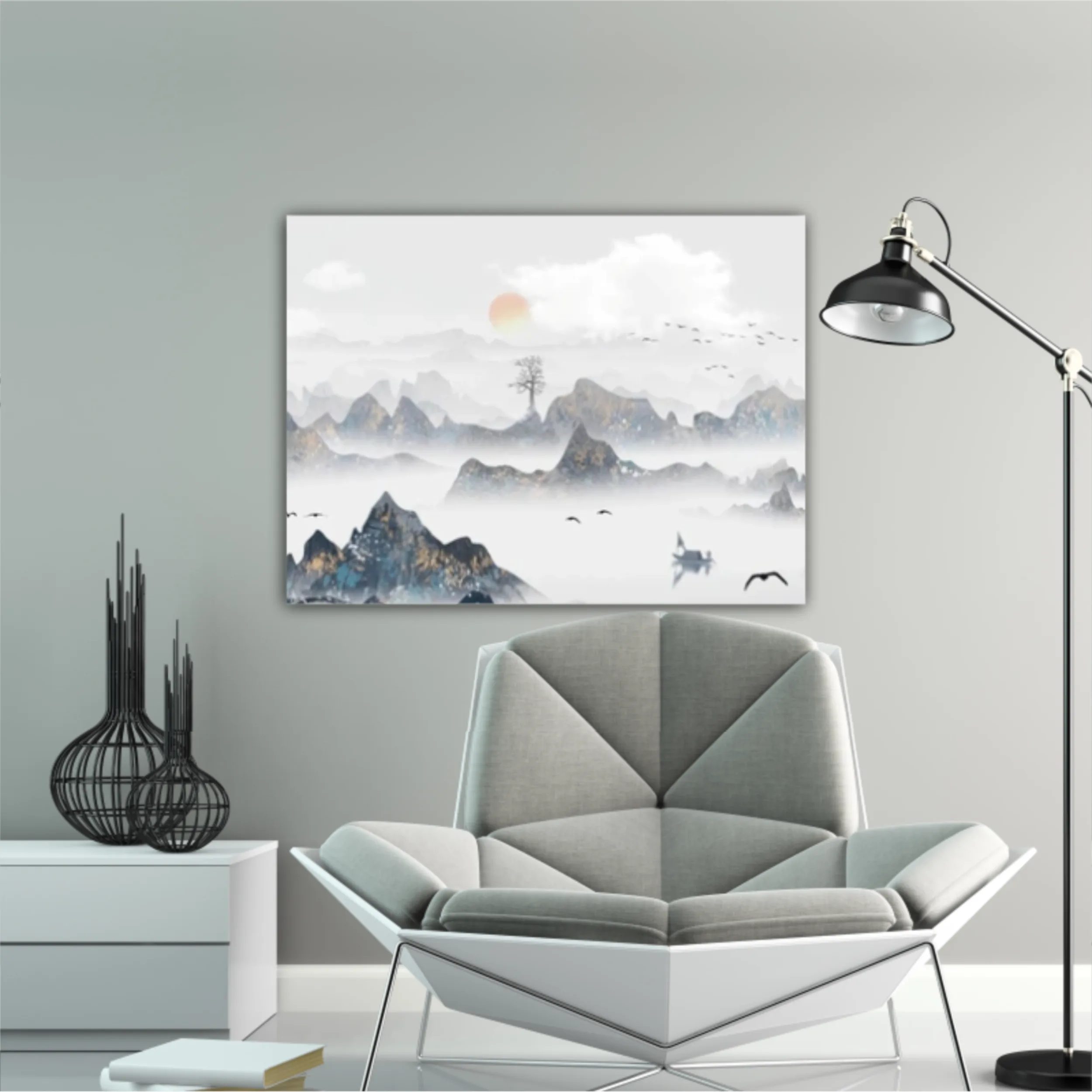 Chinese style blue artistic conception landscape illustration