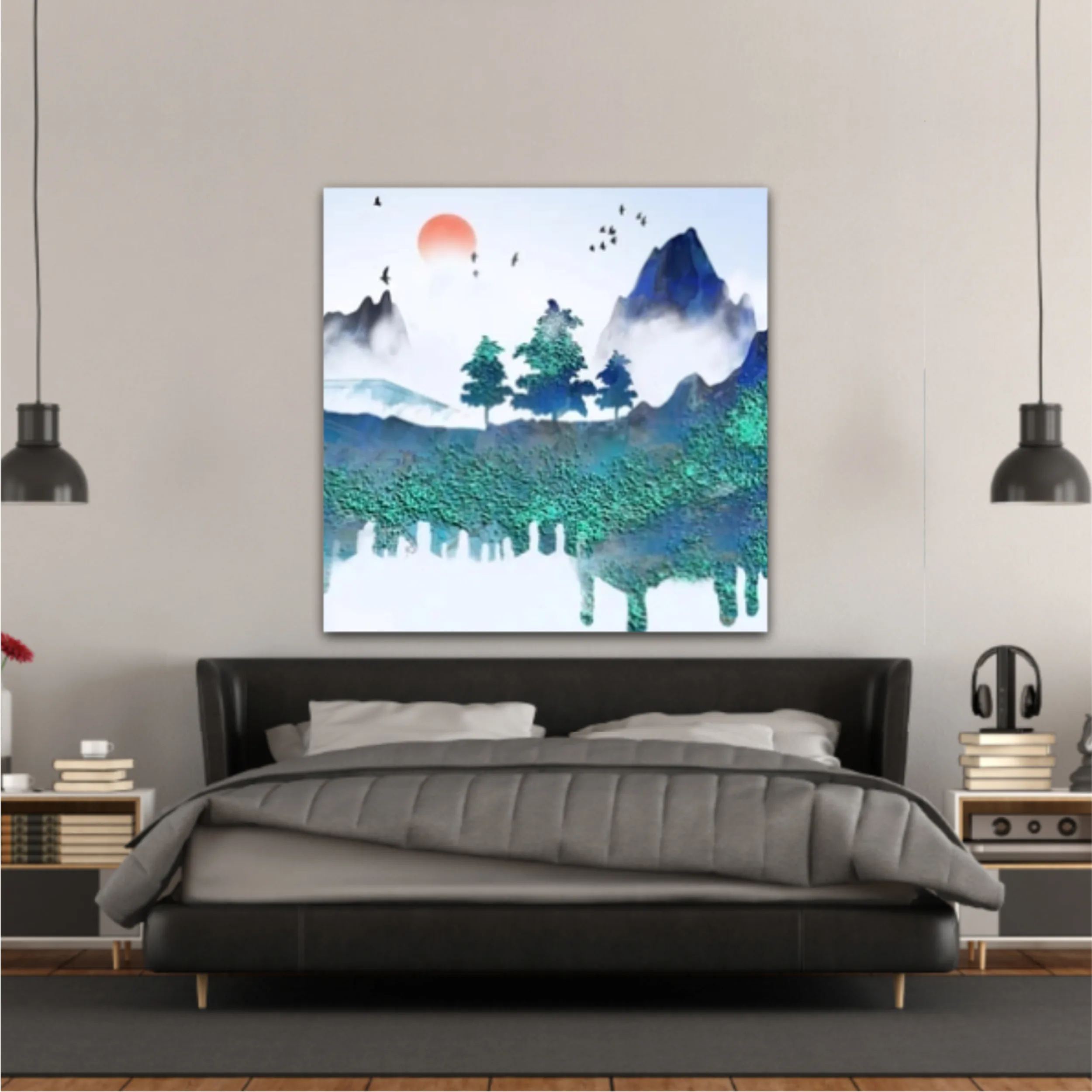 Chinese style blue artistic conception landscape illustration