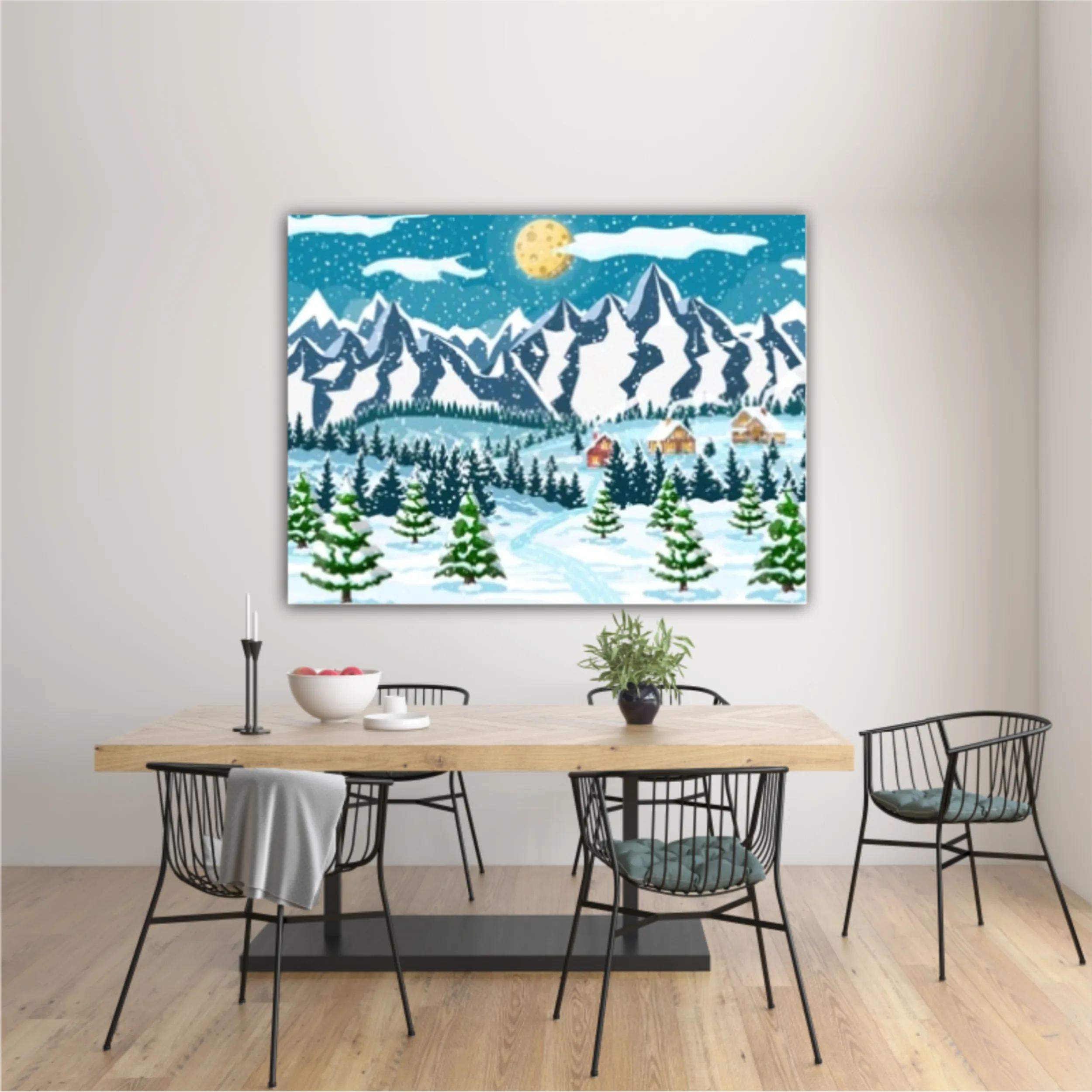 Winter landscape with fir trees forest, mountain and village. Happy new year celebration. New year xmas holiday. Vector illustration flat style