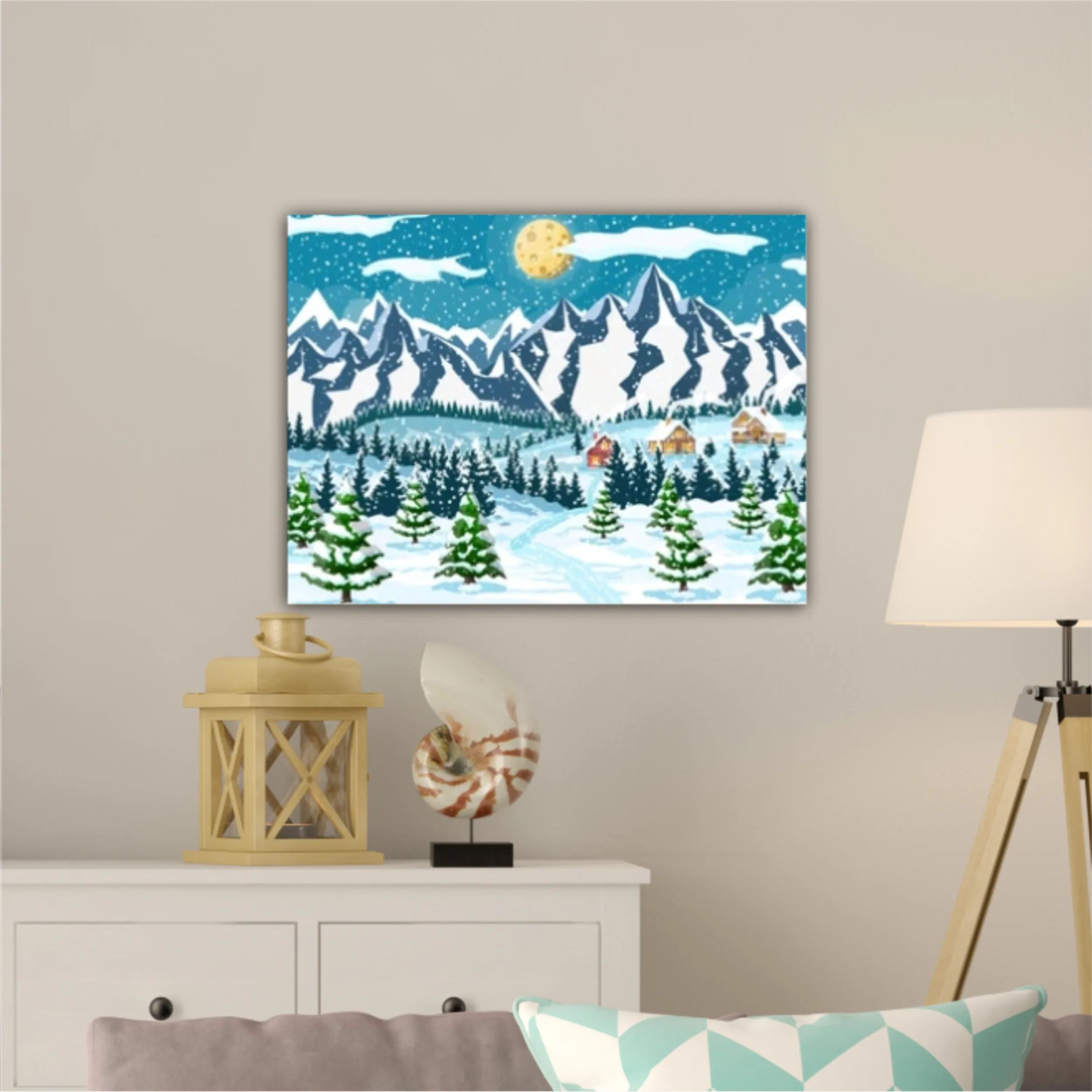 Winter landscape with fir trees forest, mountain and village. Happy new year celebration. New year xmas holiday. Vector illustration flat style