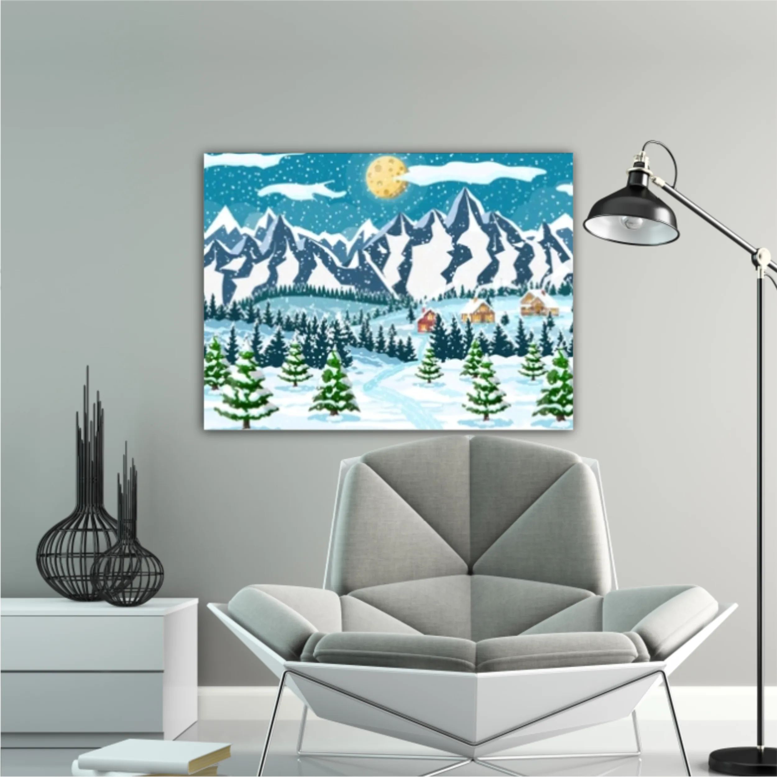 Winter landscape with fir trees forest, mountain and village. Happy new year celebration. New year xmas holiday. Vector illustration flat style