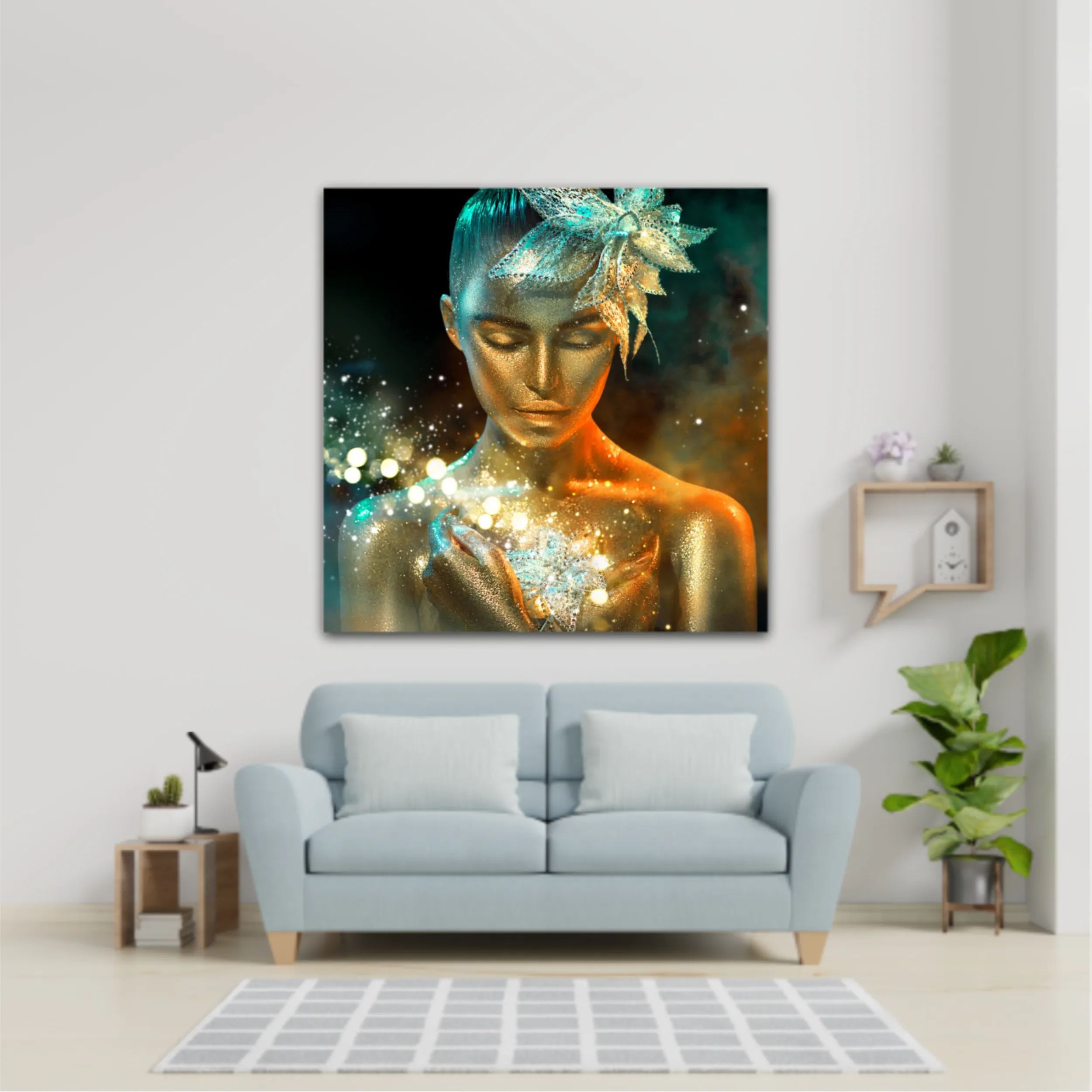 High Fashion model woman in colorful bright golden sparkles and neon lights posing with fantasy flower, portrait of beautiful girl glowing make-up