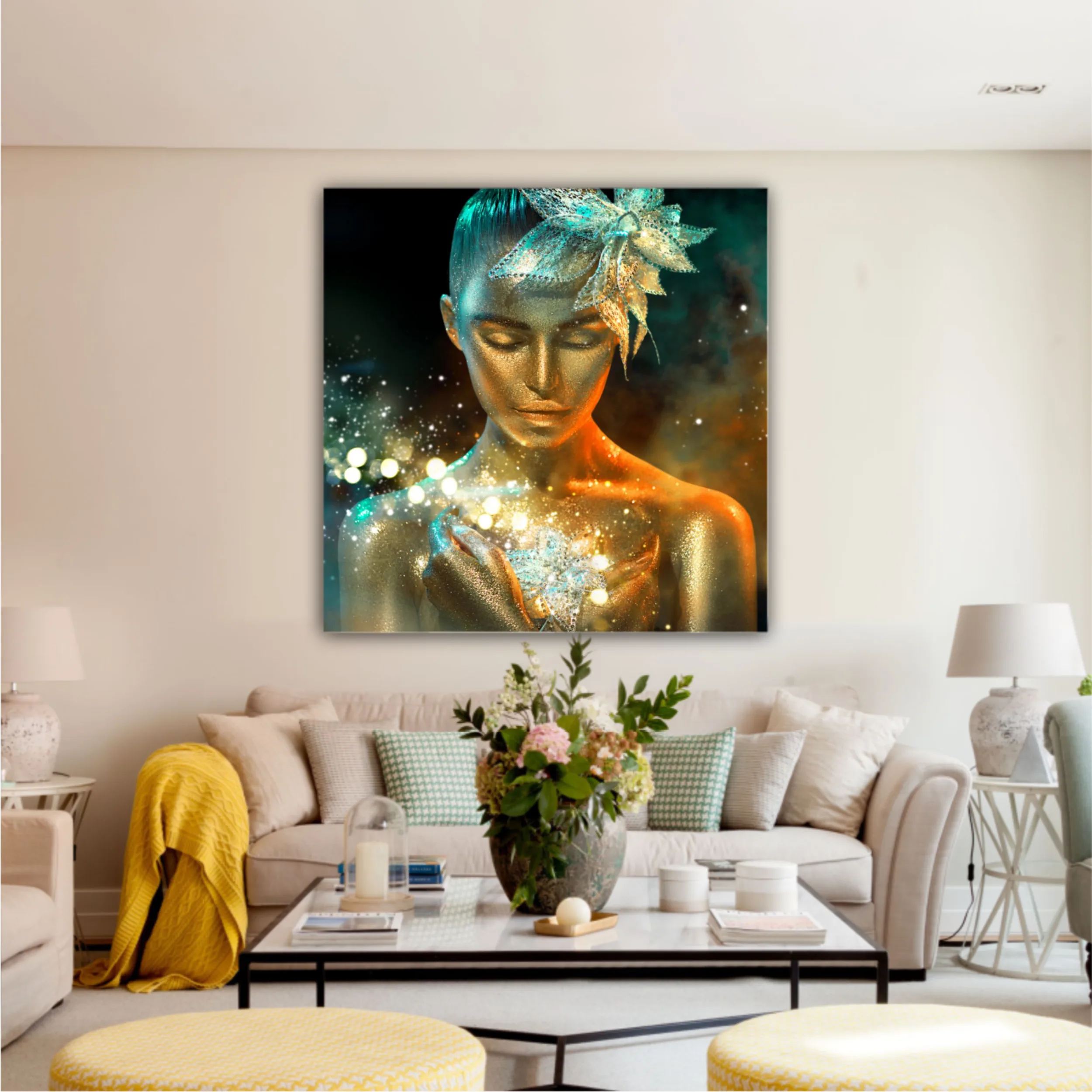 High Fashion model woman in colorful bright golden sparkles and neon lights posing with fantasy flower, portrait of beautiful girl glowing make-up