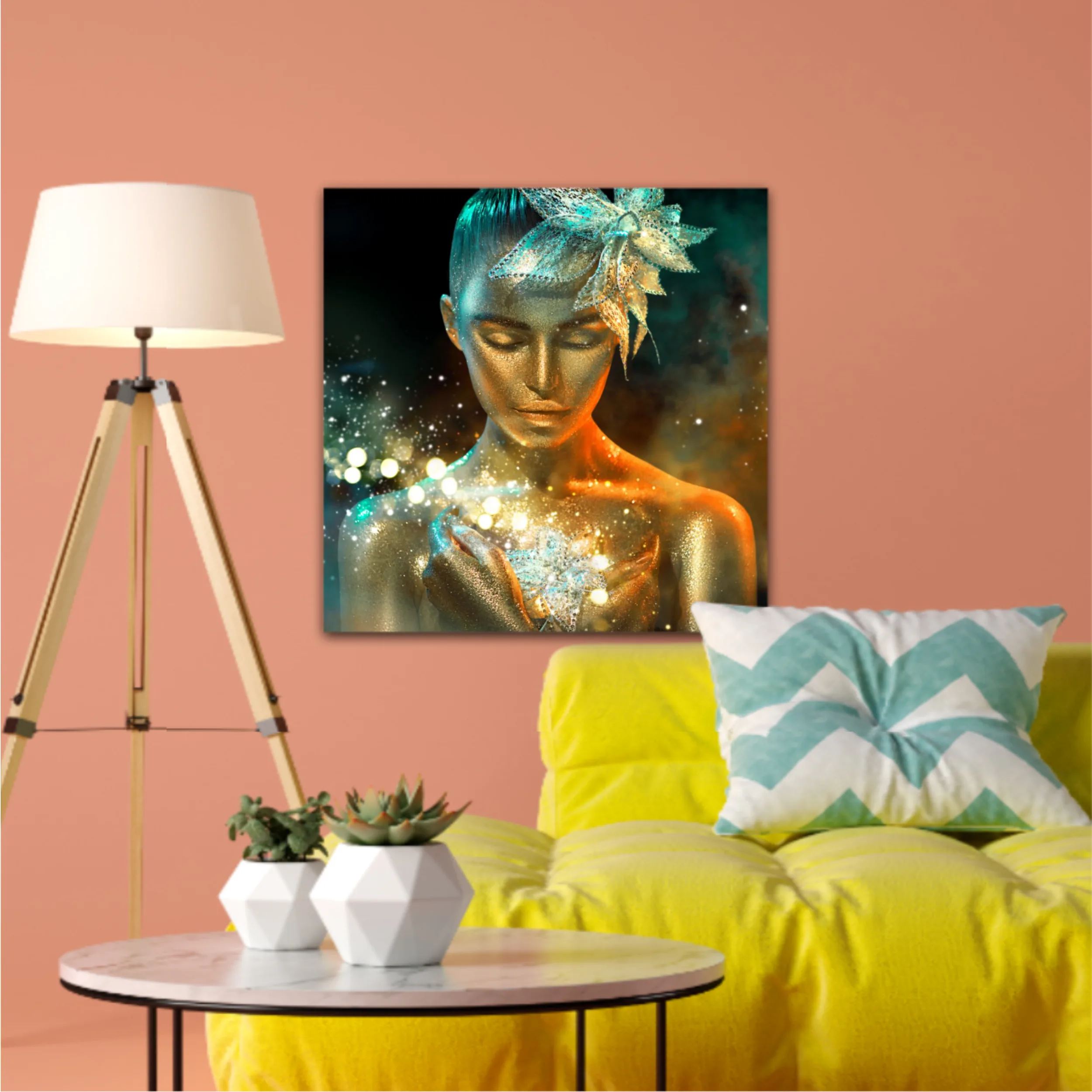 High Fashion model woman in colorful bright golden sparkles and neon lights posing with fantasy flower, portrait of beautiful girl glowing make-up